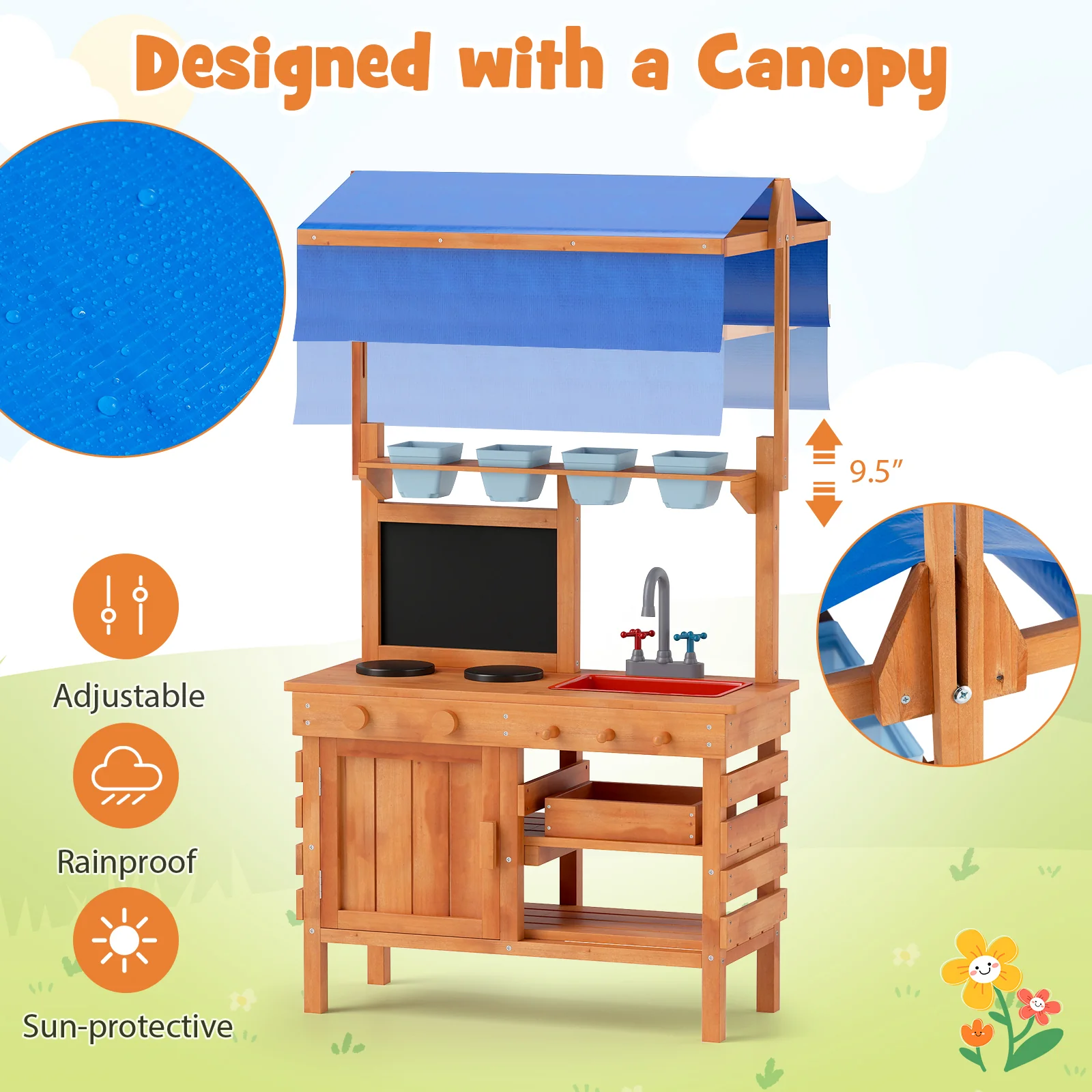 Wooden Play Kitchen With Adjustable Canopy, Natural - Image 6