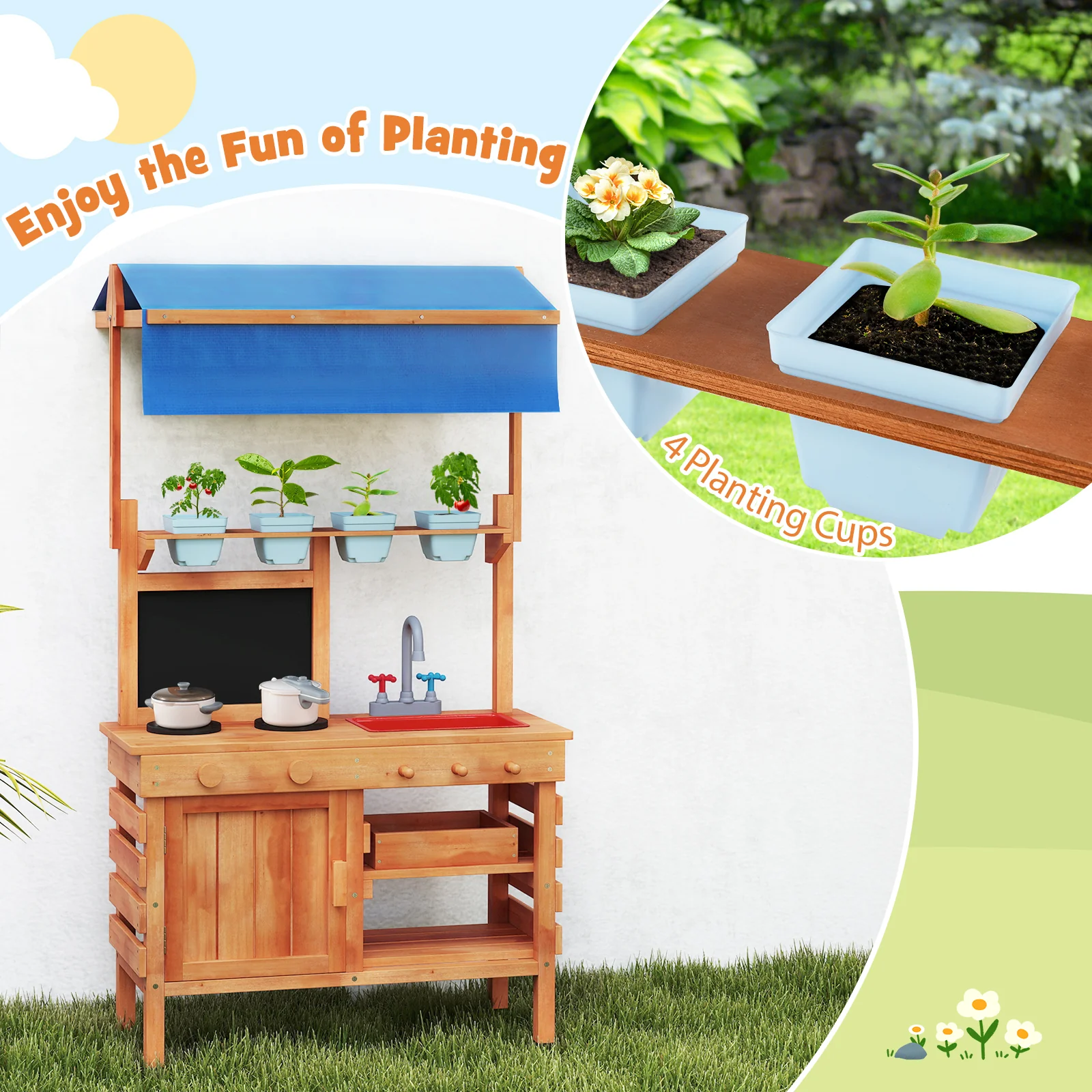 Wooden Play Kitchen With Adjustable Canopy, Natural - Image 7