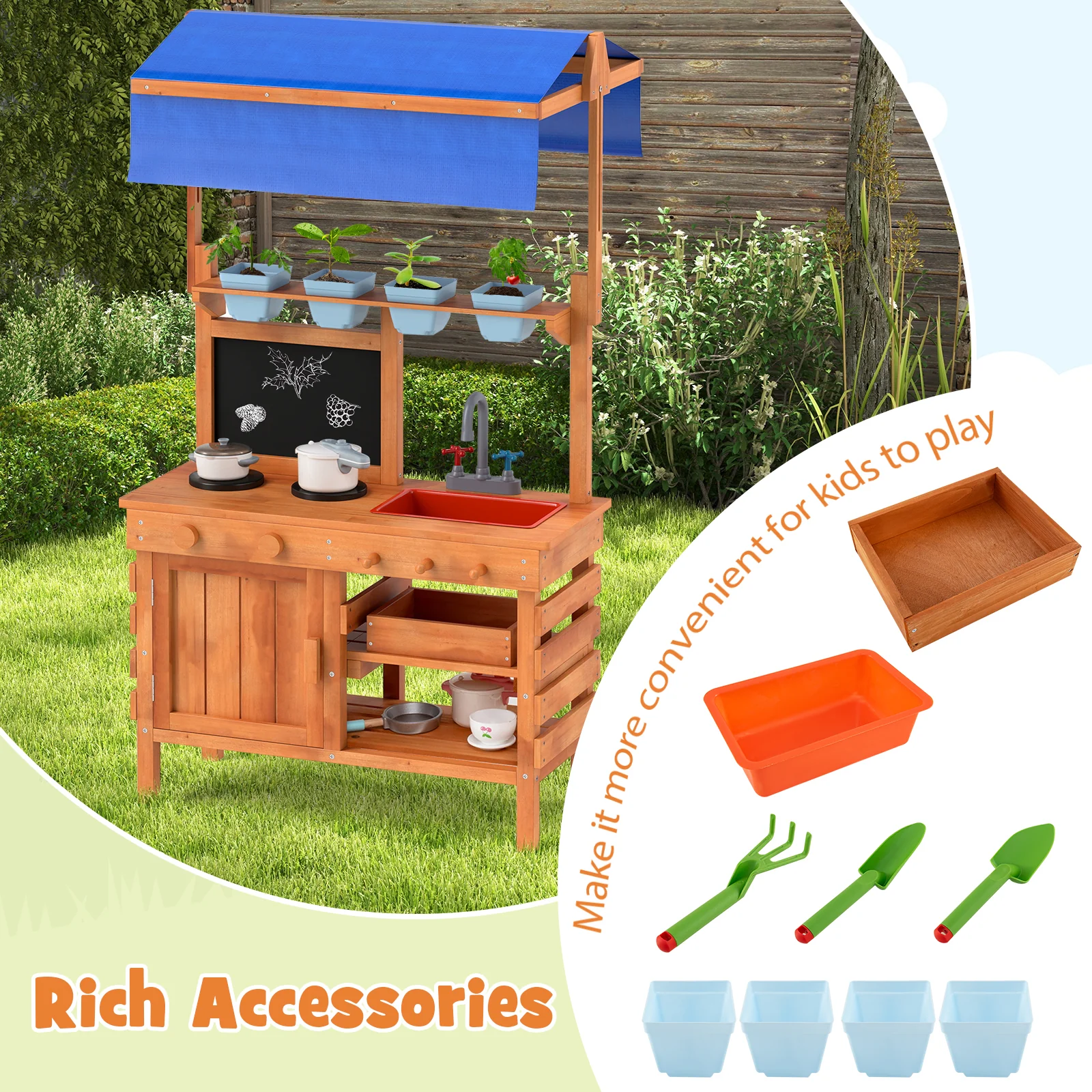 Wooden Play Kitchen With Adjustable Canopy, Natural - Image 8