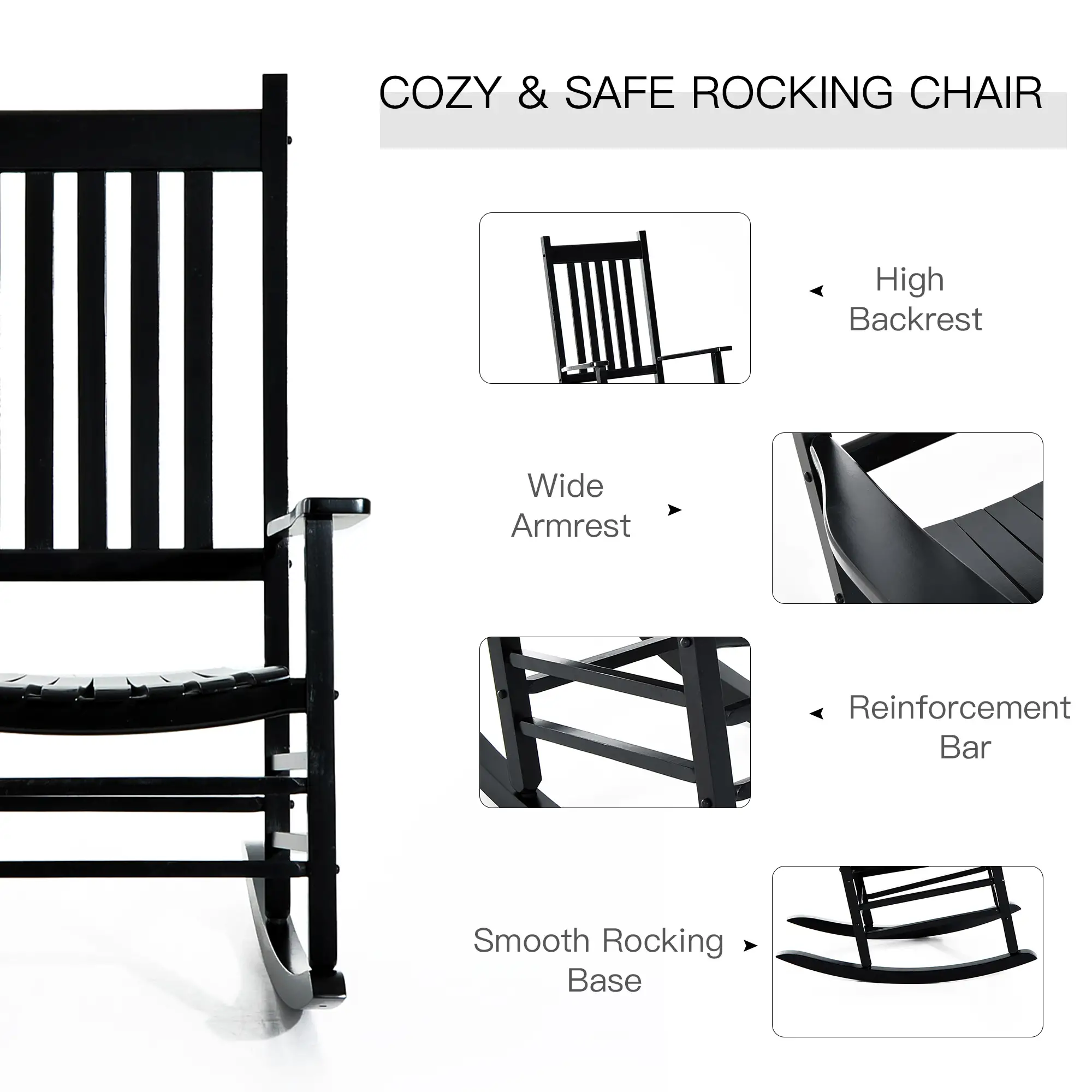 Wooden Porch Rocking Chair, Outdoor Patio Rocker, Black - Image 4