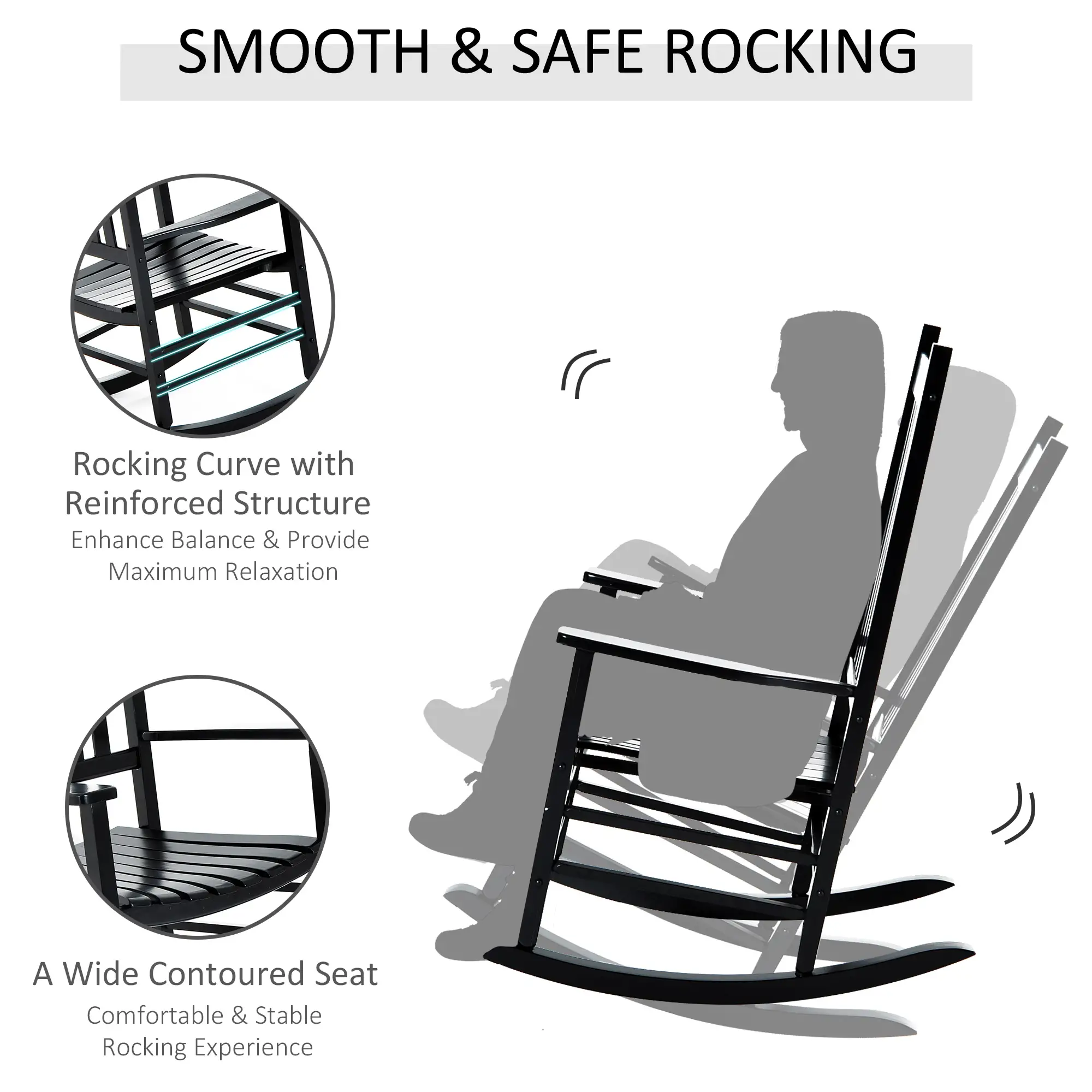Wooden Porch Rocking Chair, Outdoor Patio Rocker, Black - Image 5