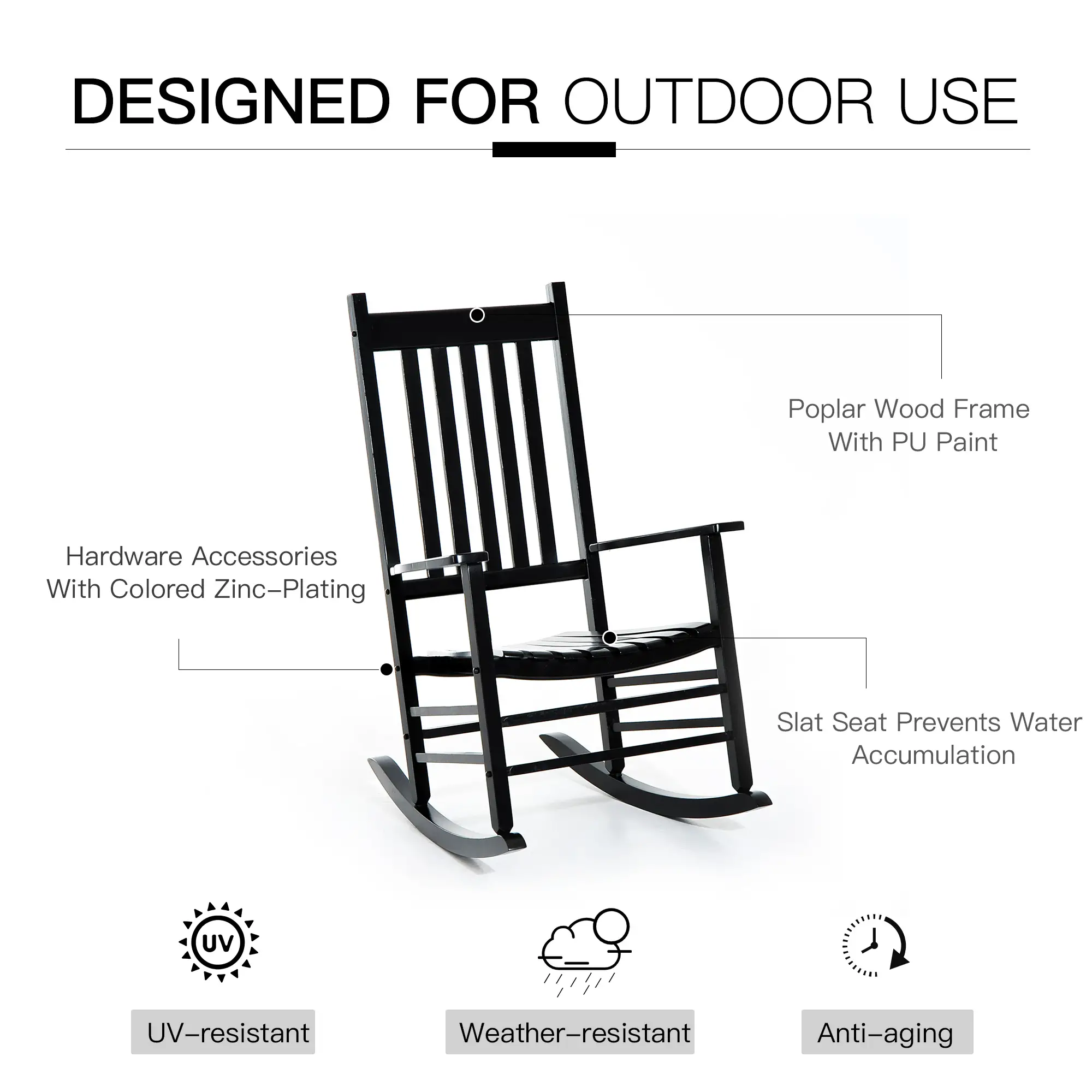 Wooden Porch Rocking Chair, Outdoor Patio Rocker, Black - Image 6
