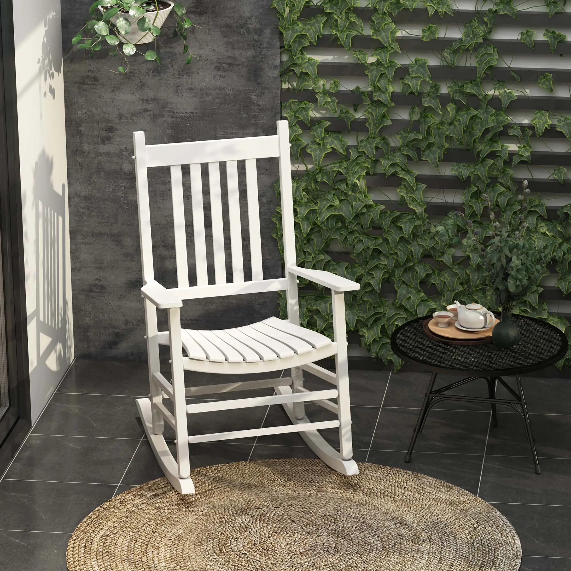 Wooden Porch Rocking Chair, Single Leisure Reclining Armchair, White - Image 2