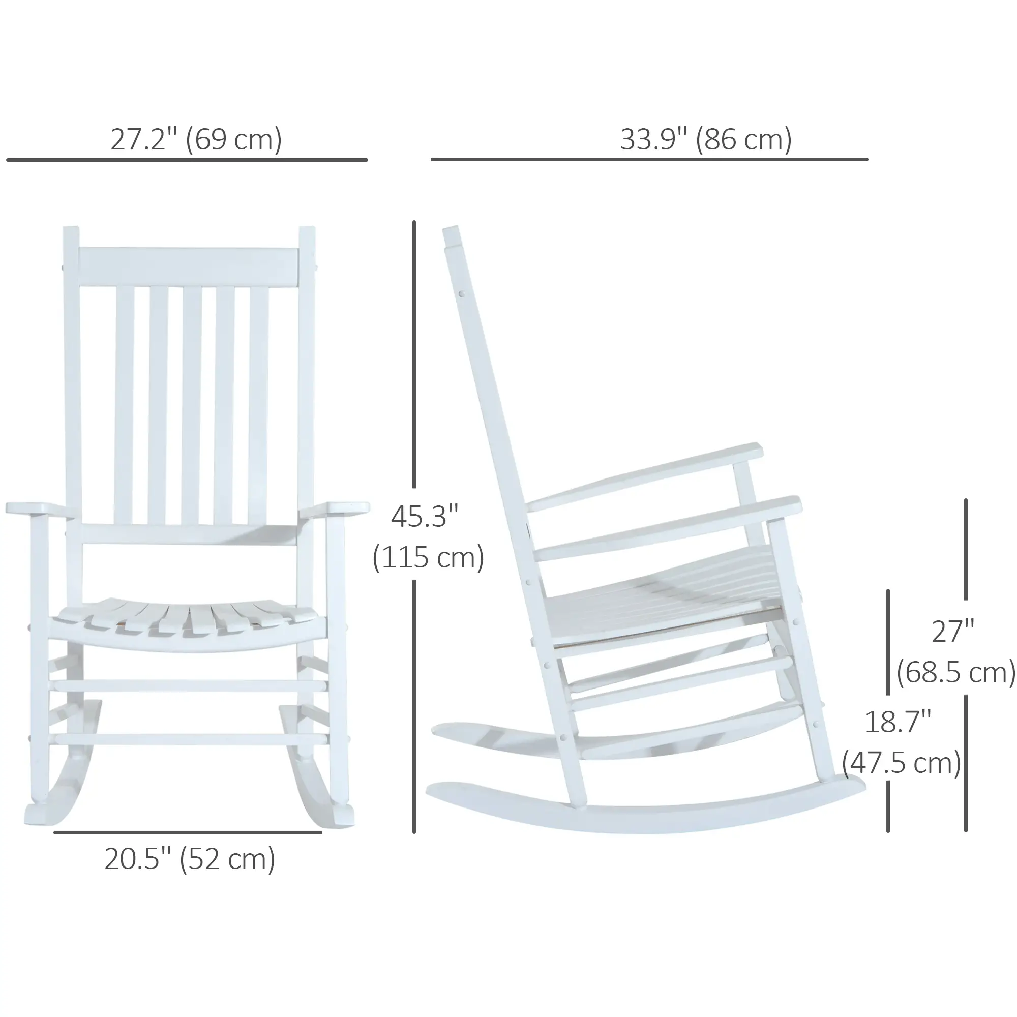 Wooden Porch Rocking Chair, Single Leisure Reclining Armchair, White - Image 3