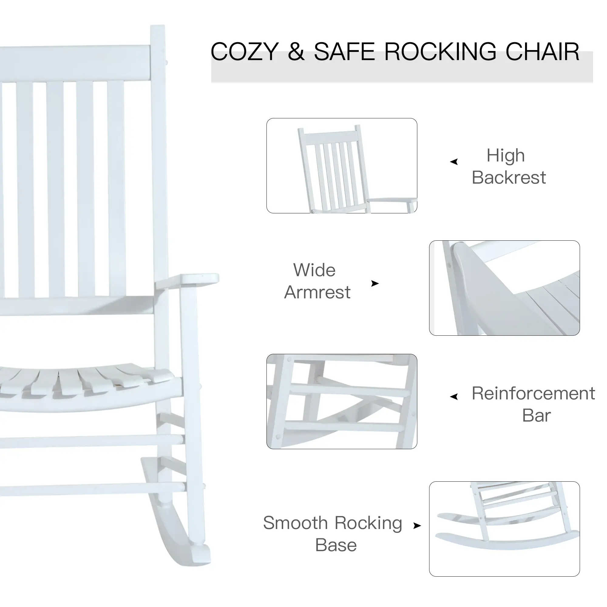 Wooden Porch Rocking Chair, Single Leisure Reclining Armchair, White - Image 4