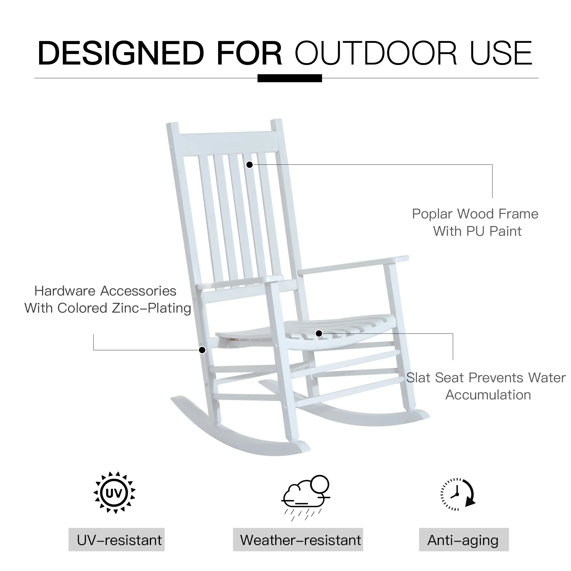 Wooden Porch Rocking Chair, Single Leisure Reclining Armchair, White - Image 5