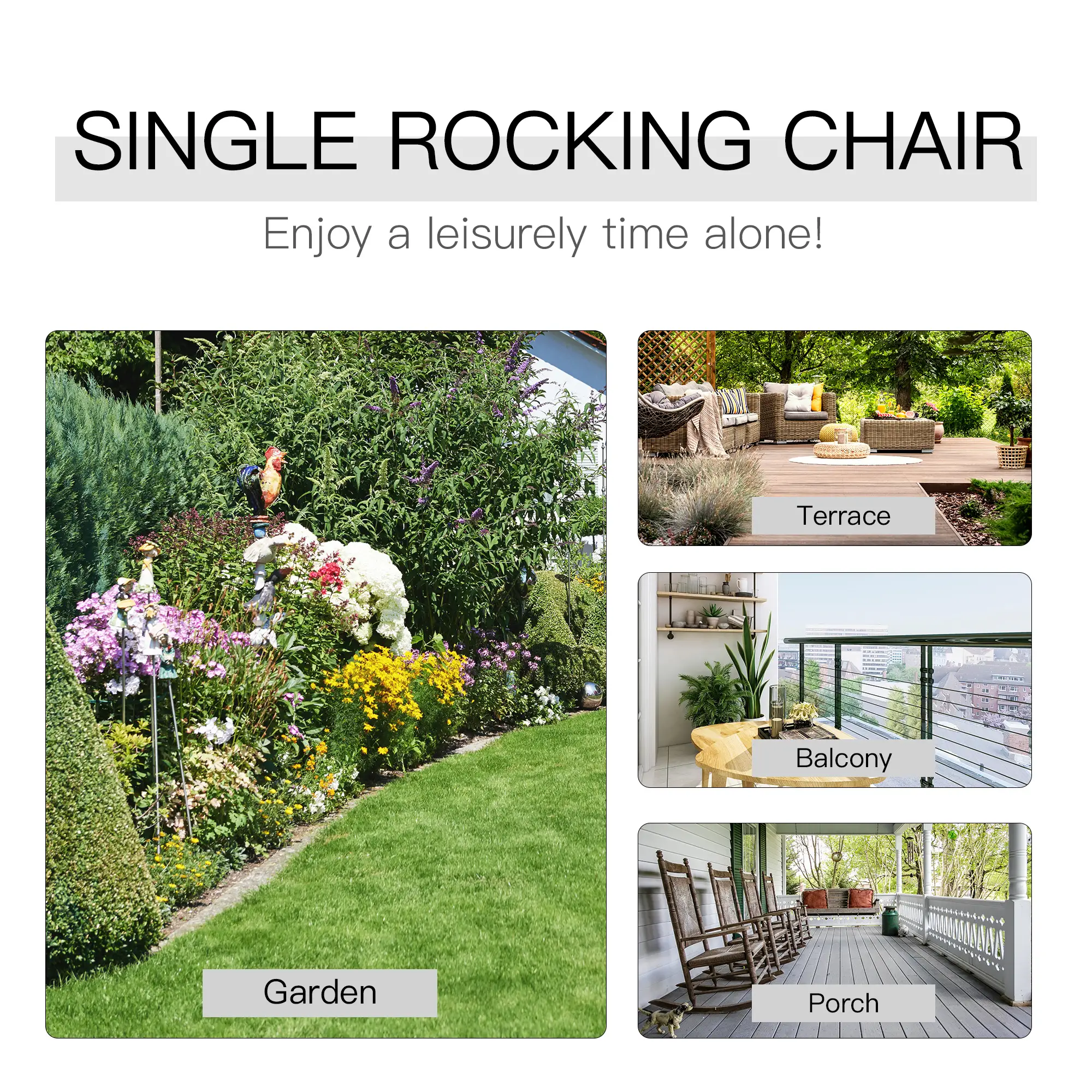 Wooden Porch Rocking Chair, Single Leisure Reclining Armchair, White - Image 7