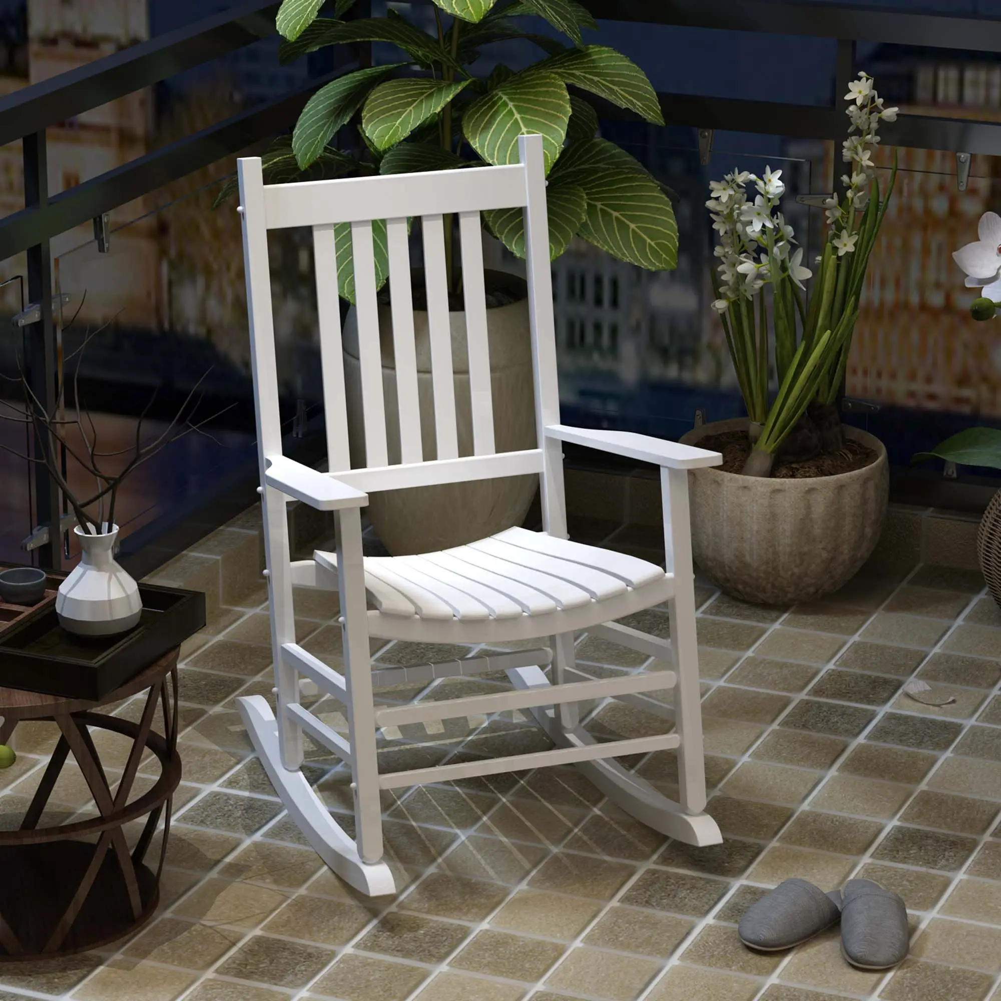 Wooden Porch Rocking Chair, Single Leisure Reclining Armchair, White - Image 8
