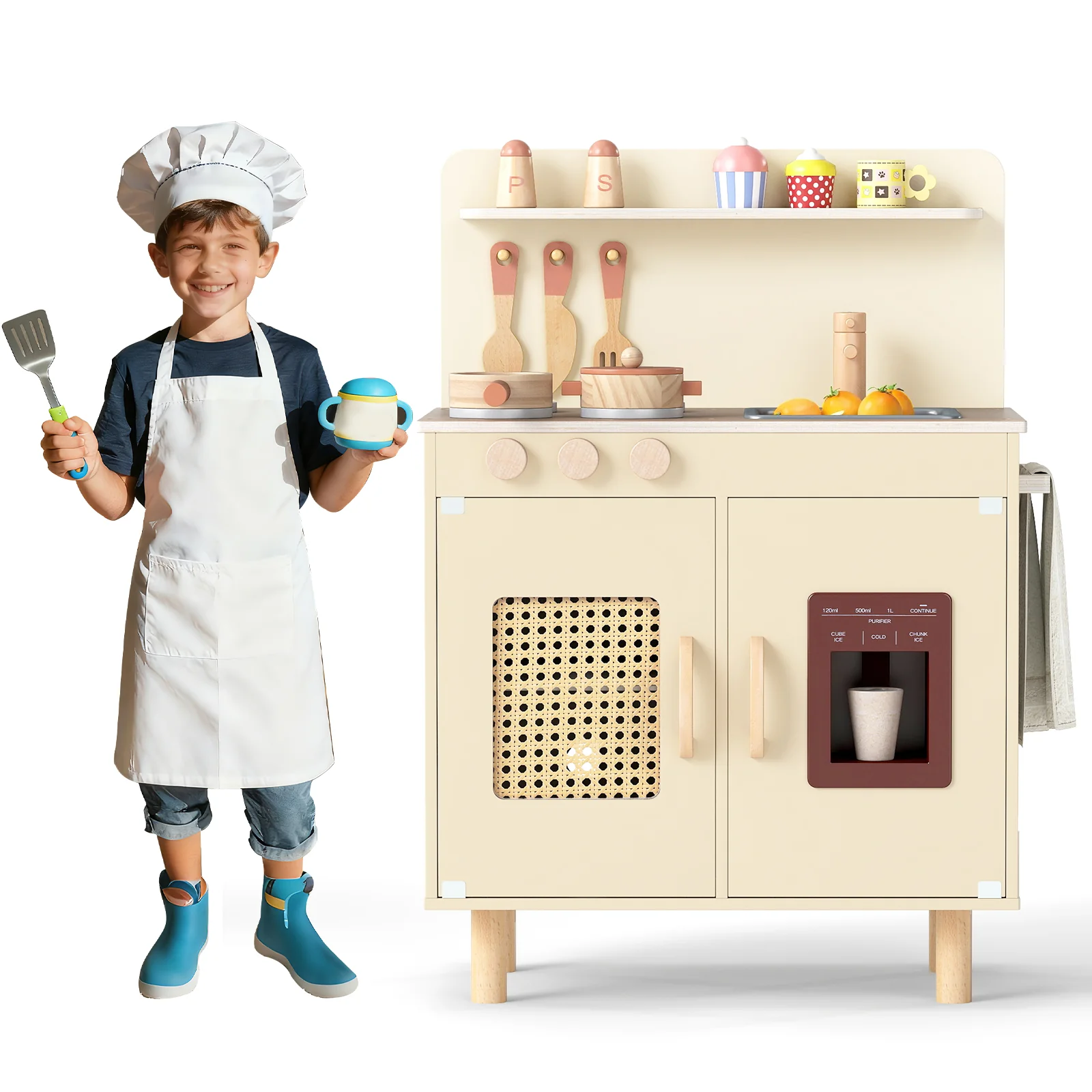 Wooden Pretend Kitchen Playset, With Ice Maker, Yellow - Image 4
