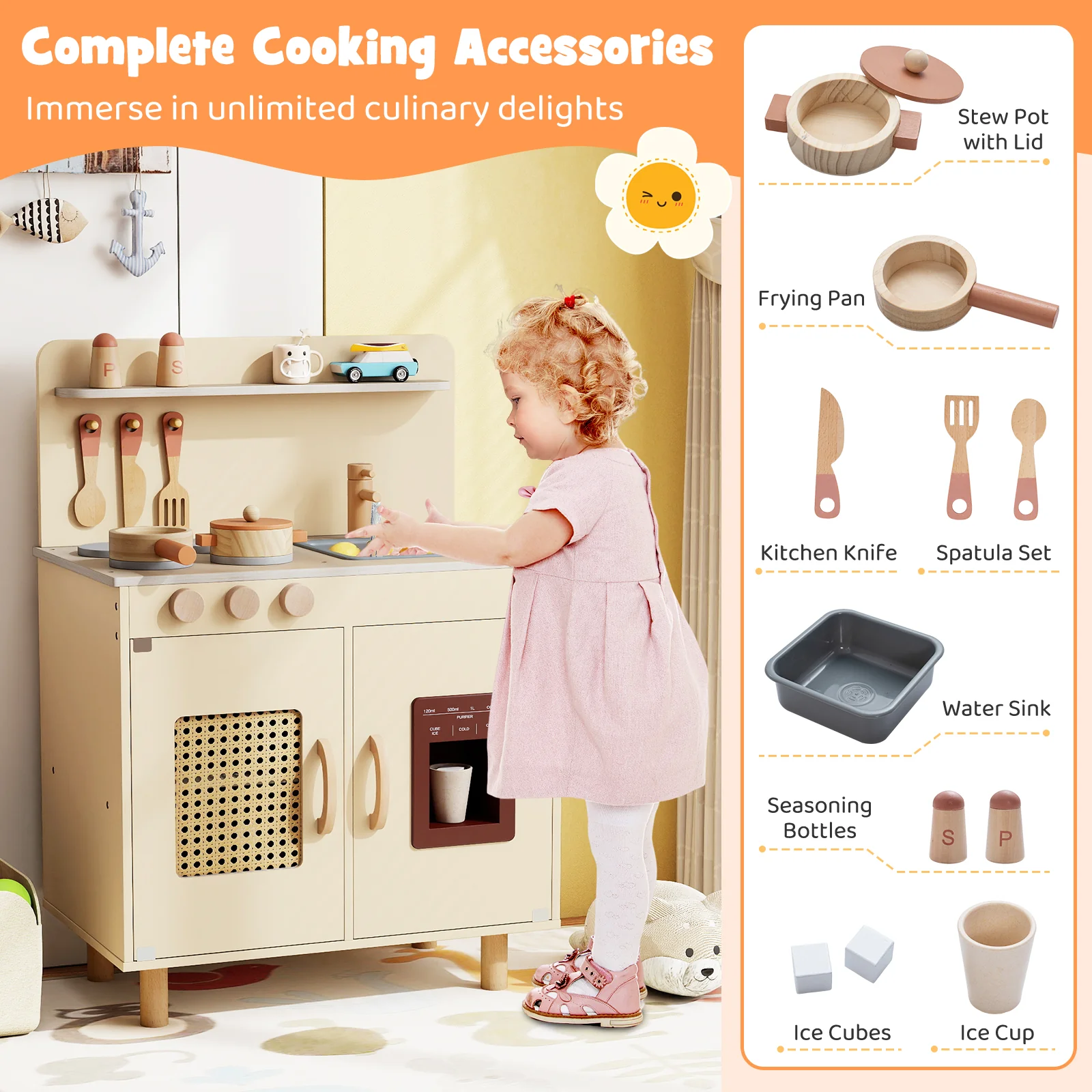 Wooden Pretend Kitchen Playset, With Ice Maker, Yellow - Image 8