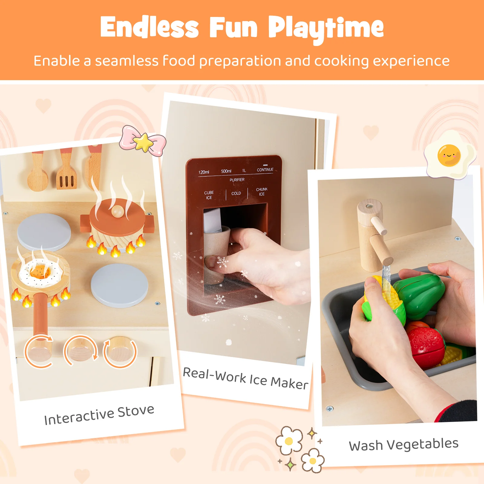 Wooden Pretend Kitchen Playset, With Ice Maker, Yellow - Image 9