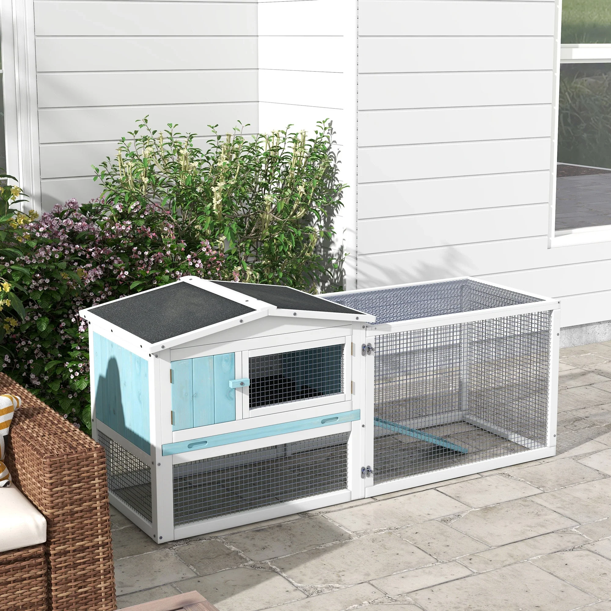 Wooden Rabbit Hutch, Guinea Pig House, Removable Tray, Openable Roof, Blue - Image 10