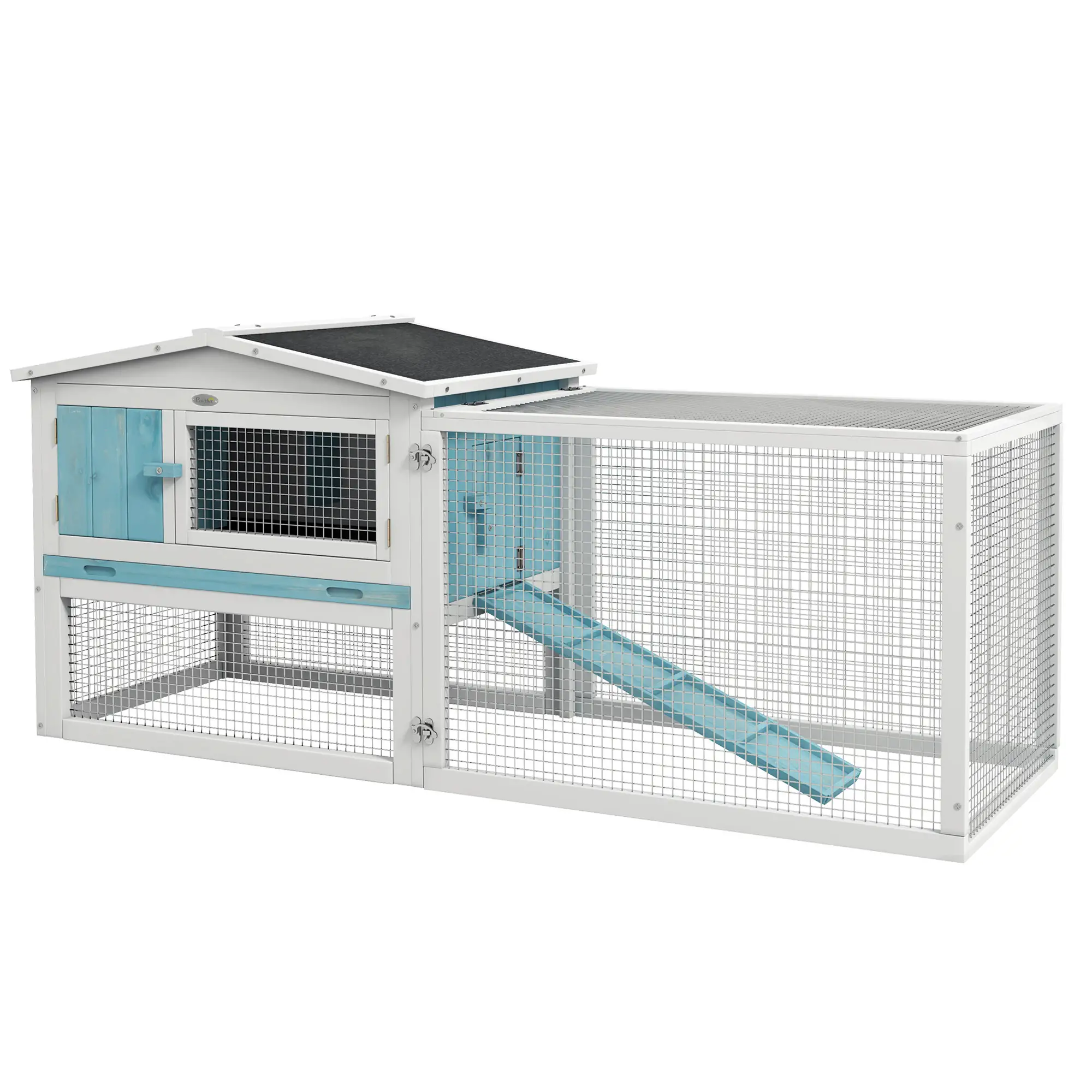 Wooden Rabbit Hutch, Guinea Pig House, Removable Tray, Openable Roof, Blue - Image 11