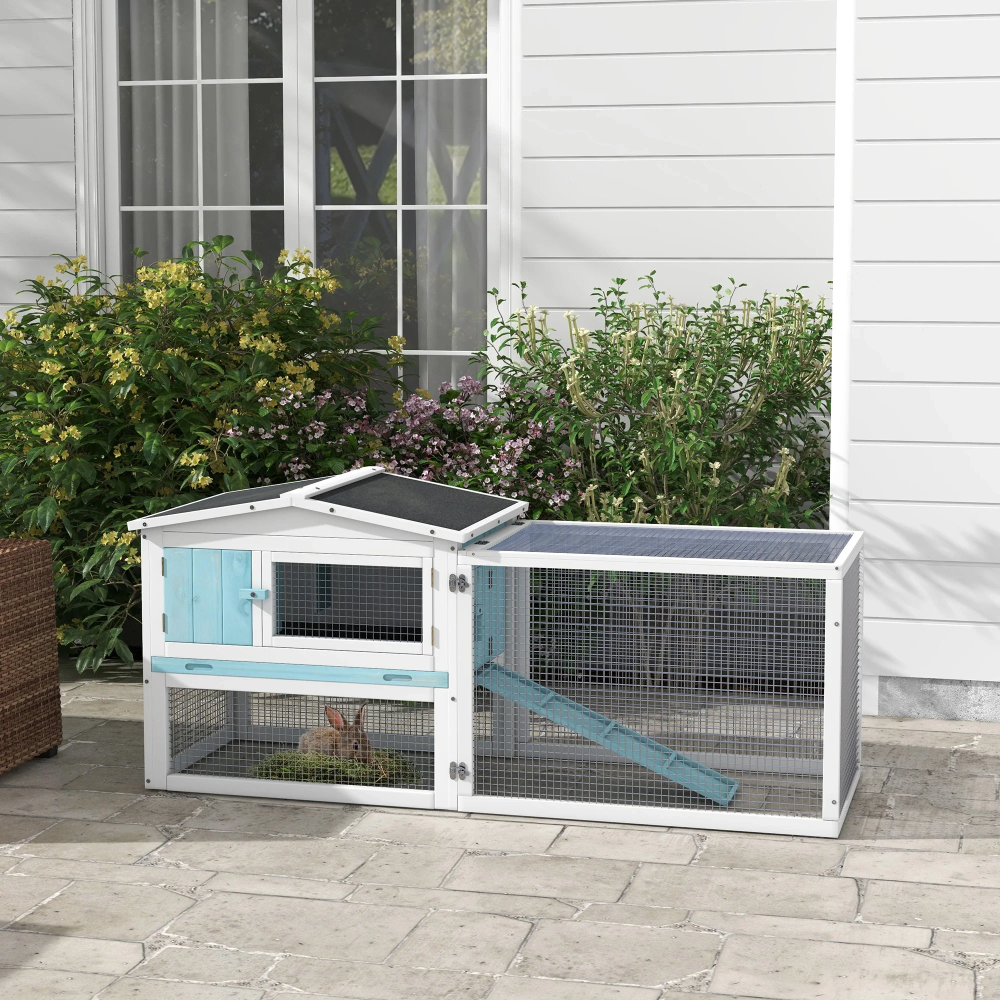 Wooden Rabbit Hutch, Guinea Pig House, Removable Tray, Openable Roof, Blue - Image 2