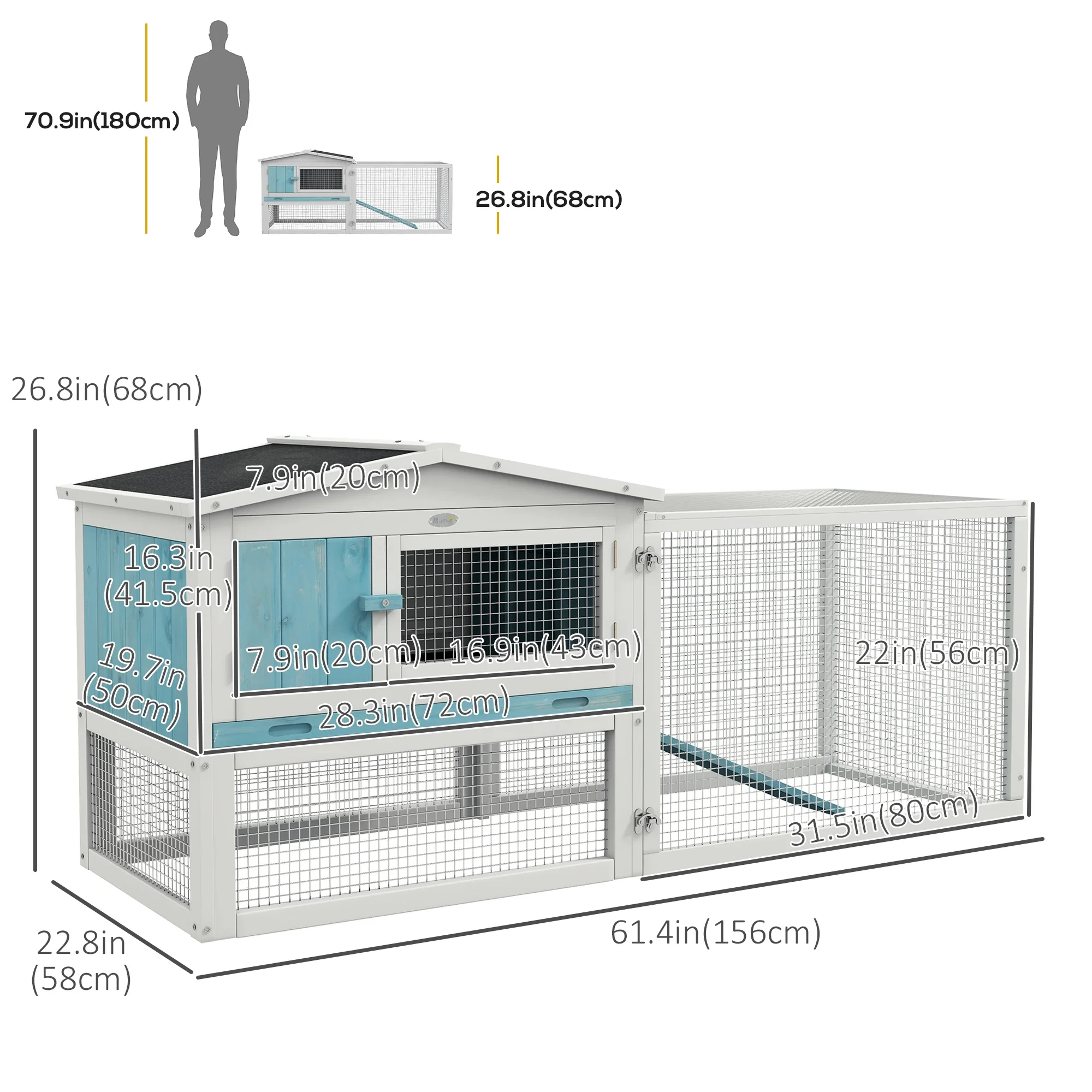 Wooden Rabbit Hutch, Guinea Pig House, Removable Tray, Openable Roof, Blue - Image 3