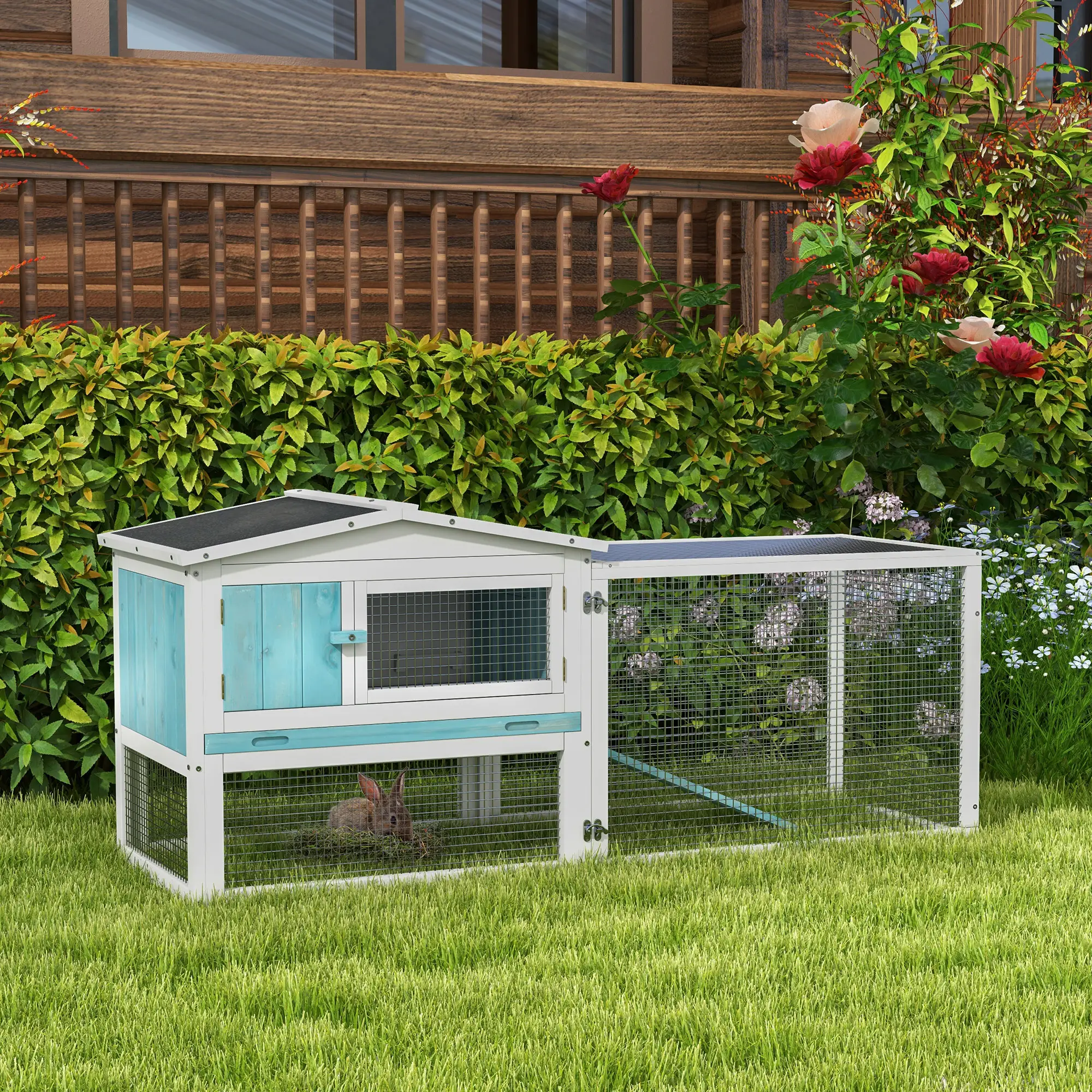 Wooden Rabbit Hutch, Guinea Pig House, Removable Tray, Openable Roof, Blue - Image 8