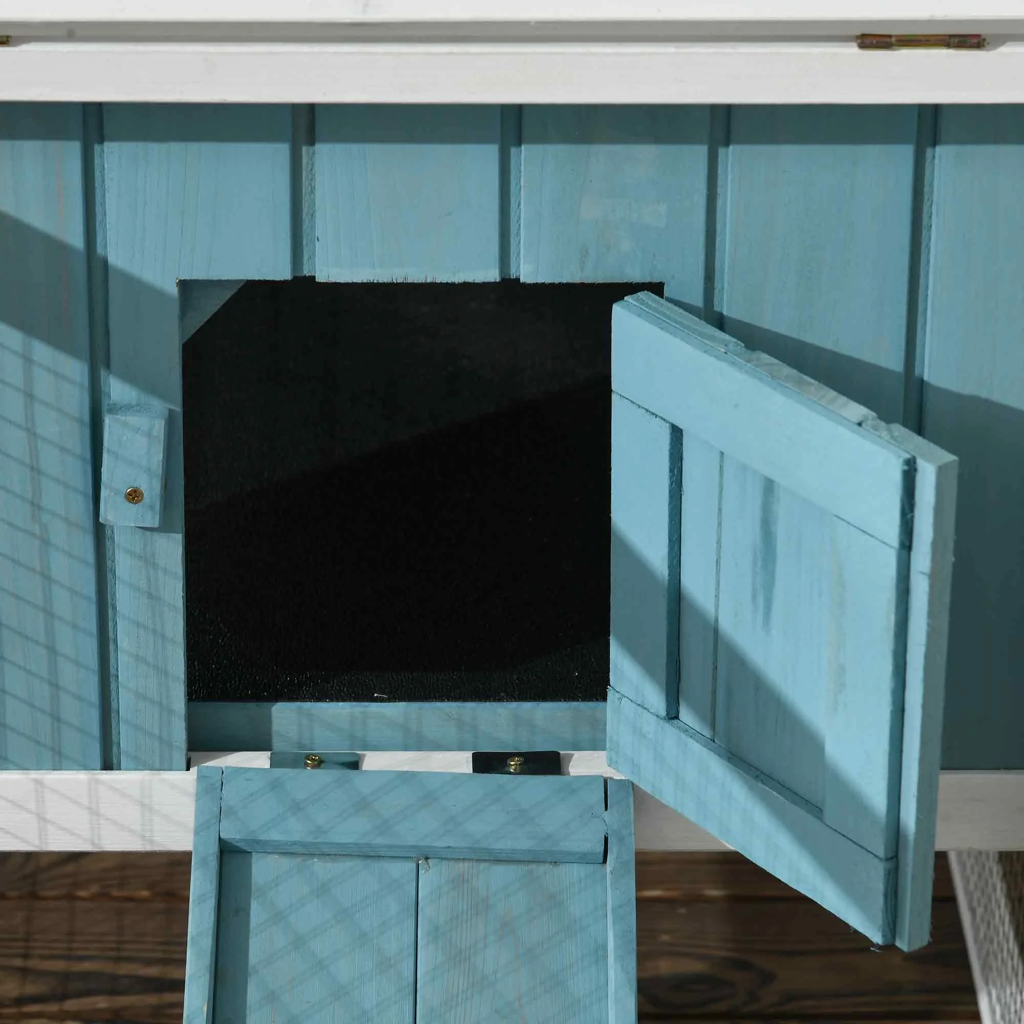 Wooden Rabbit Hutch, Guinea Pig House, Removable Tray, Openable Roof, Blue - Image 9