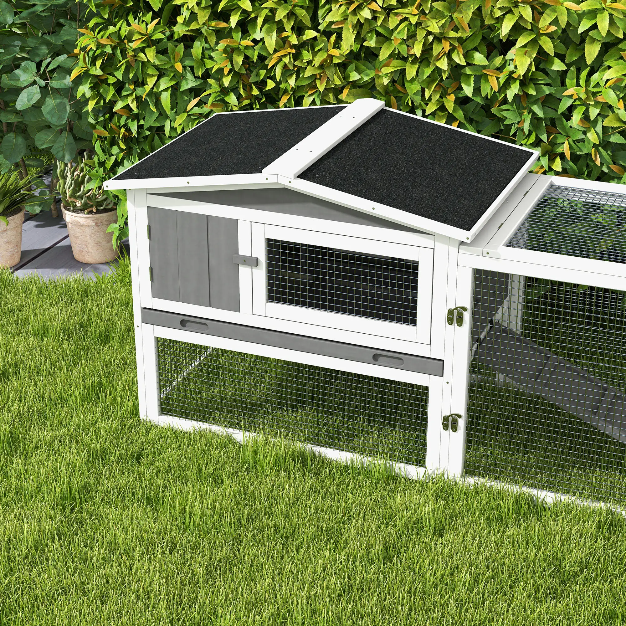 Wooden Rabbit Hutch, Guinea Pig House, Removable Tray, Openable Roof, Grey - Image 10