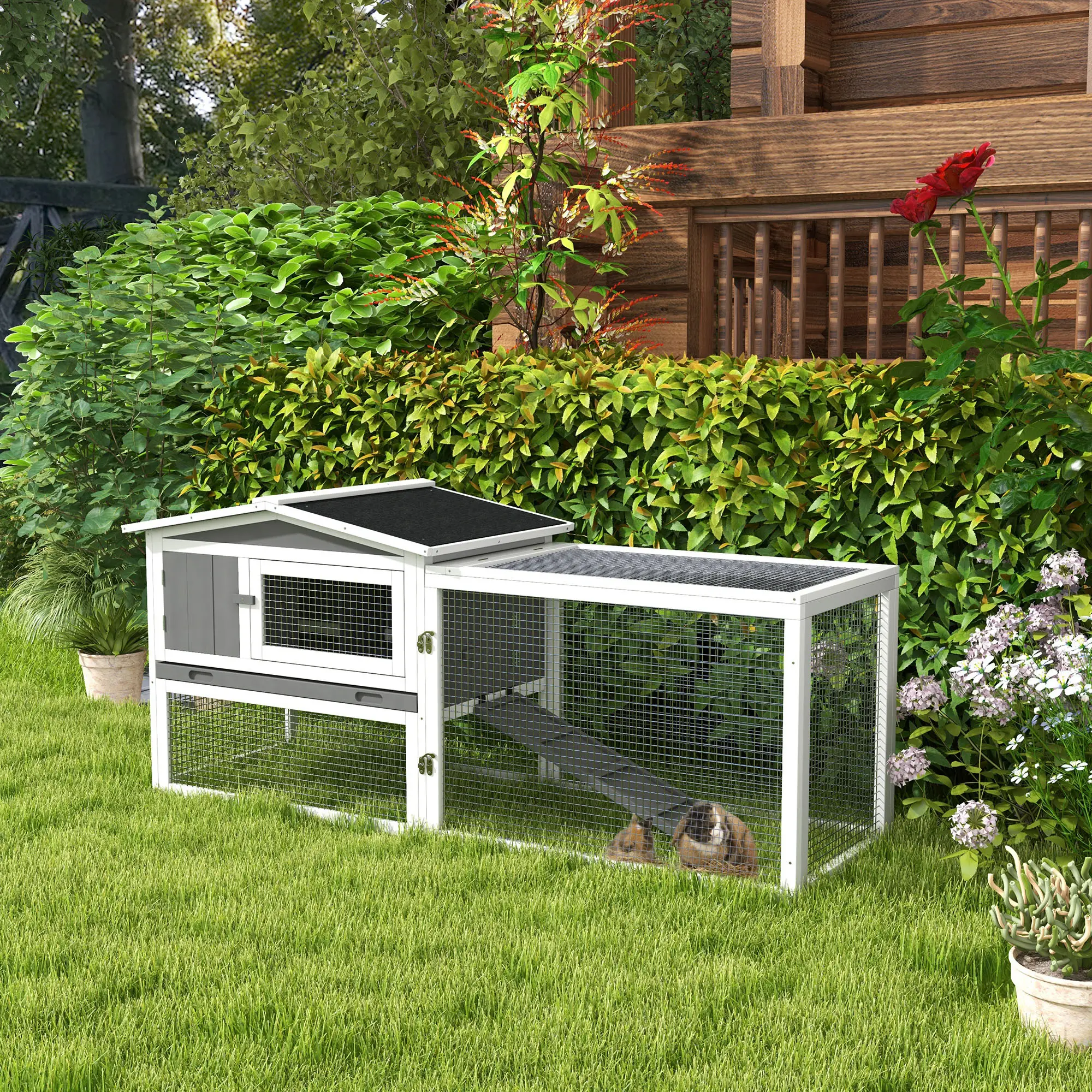 Wooden Rabbit Hutch, Guinea Pig House, Removable Tray, Openable Roof, Grey - Image 2
