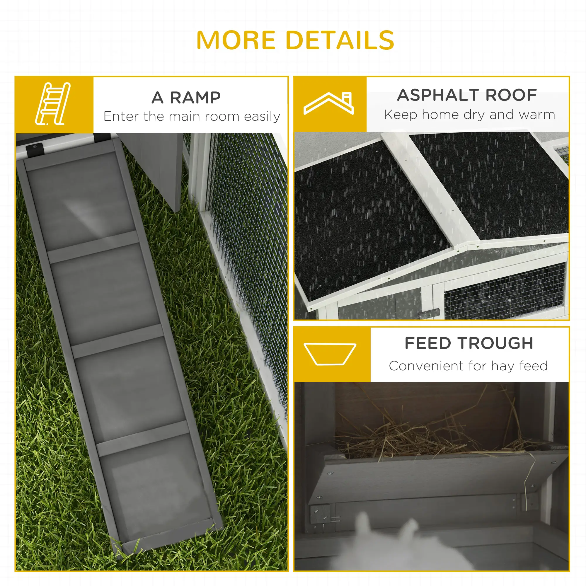Wooden Rabbit Hutch, Guinea Pig House, Removable Tray, Openable Roof, Grey - Image 7