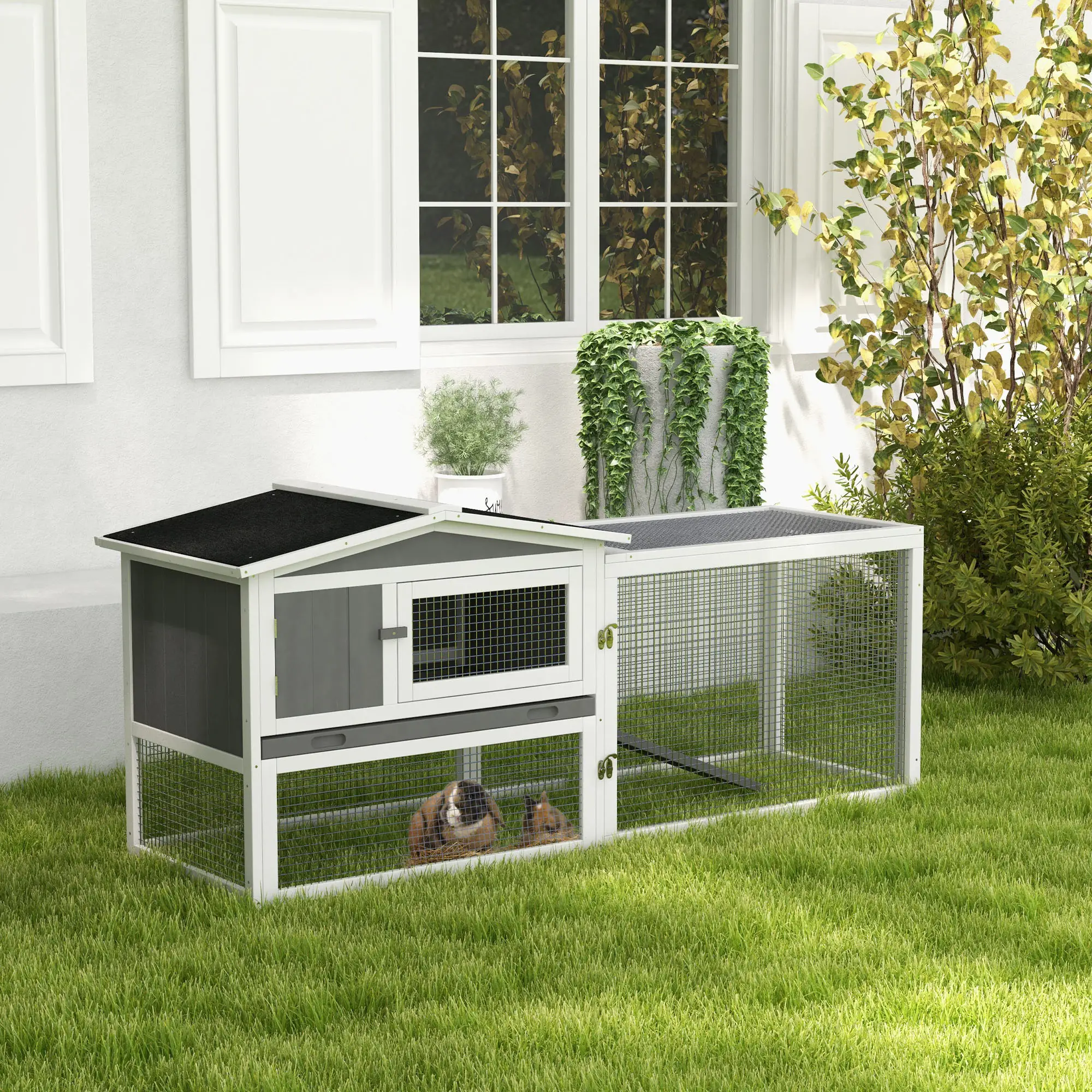 Wooden Rabbit Hutch, Guinea Pig House, Removable Tray, Openable Roof, Grey - Image 8