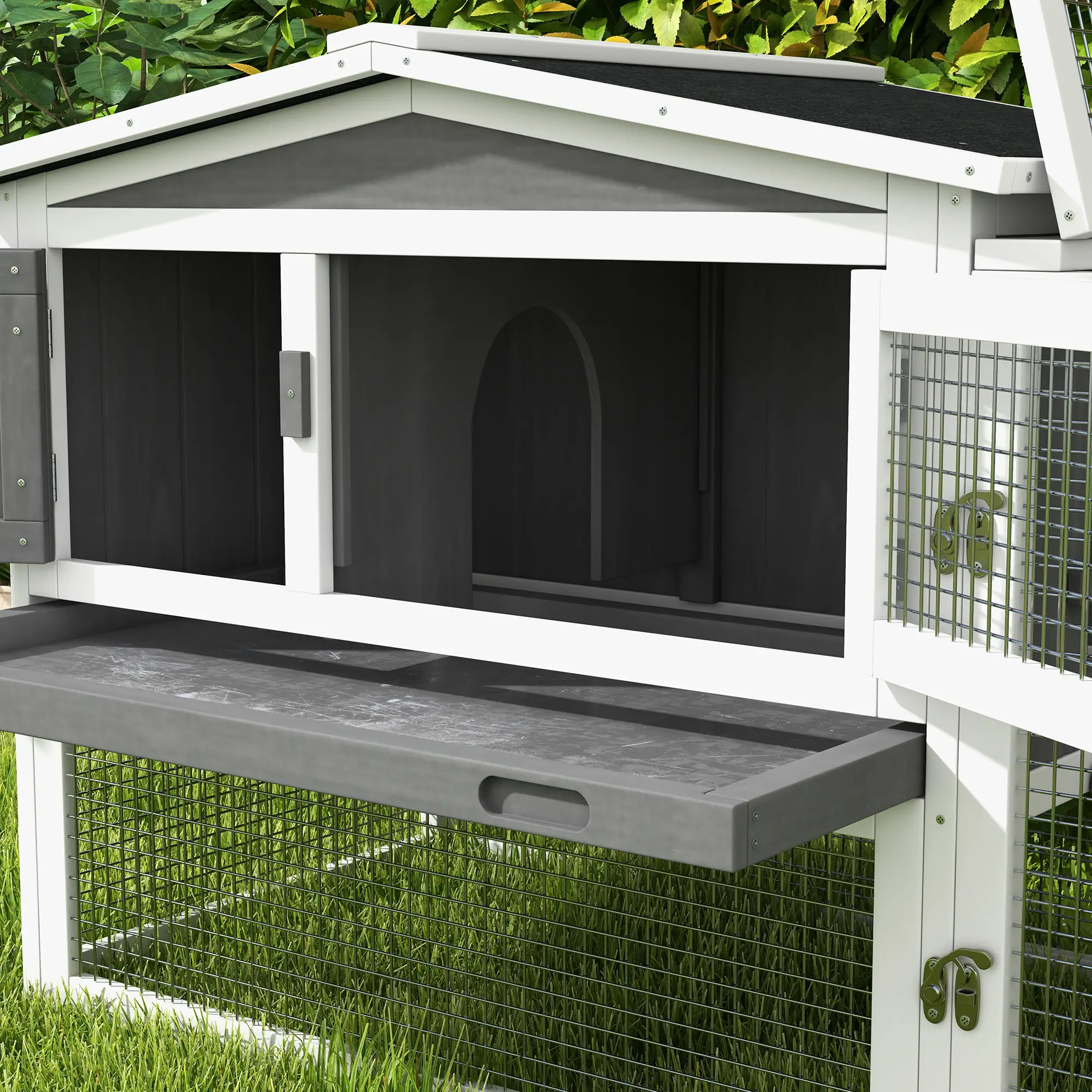 Wooden Rabbit Hutch, Guinea Pig House, Removable Tray, Openable Roof, Grey - Image 9
