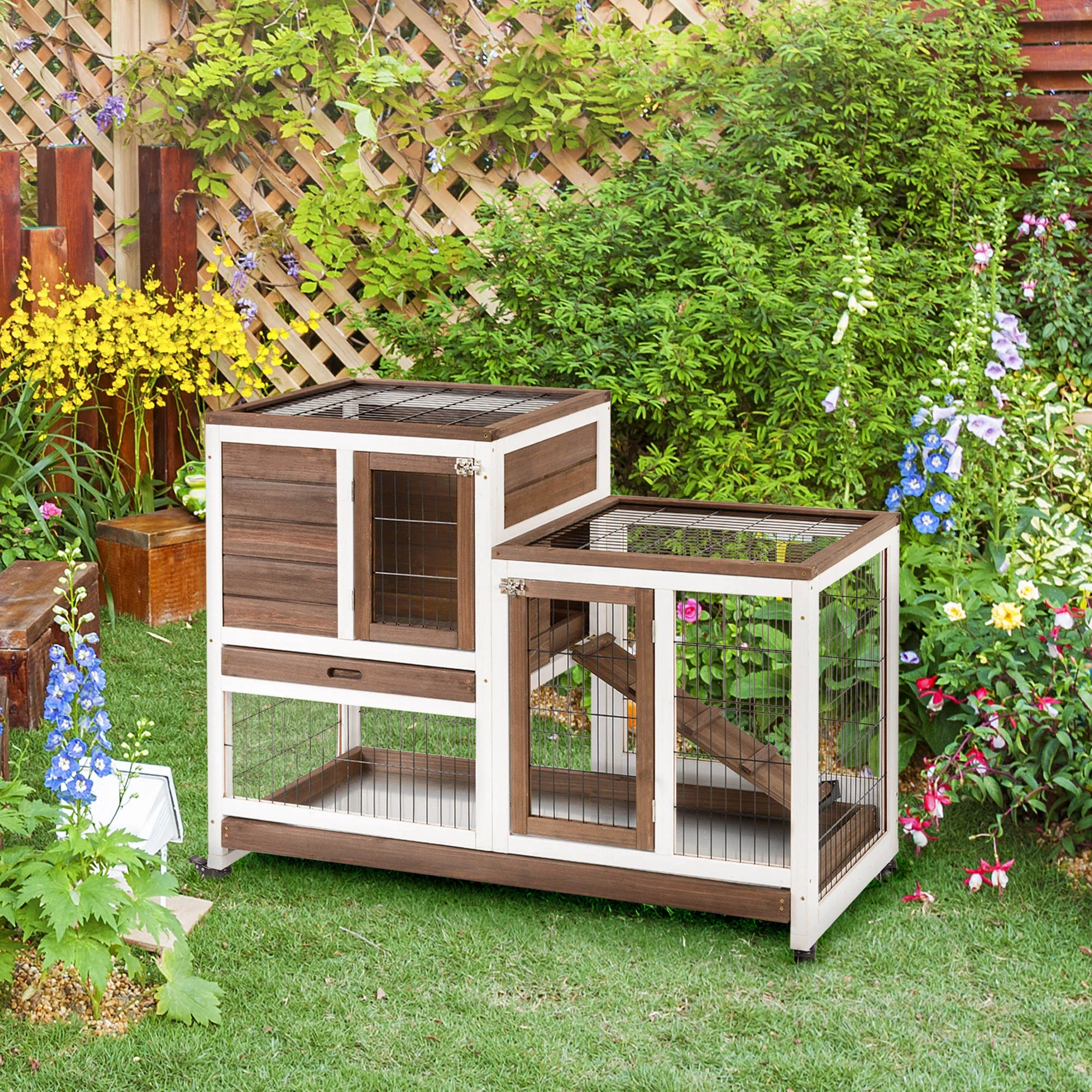 Wooden Rabbit Hutch, Indoor Bunny Cage with Wheels, Pull Out Trays, Brown - Image 2