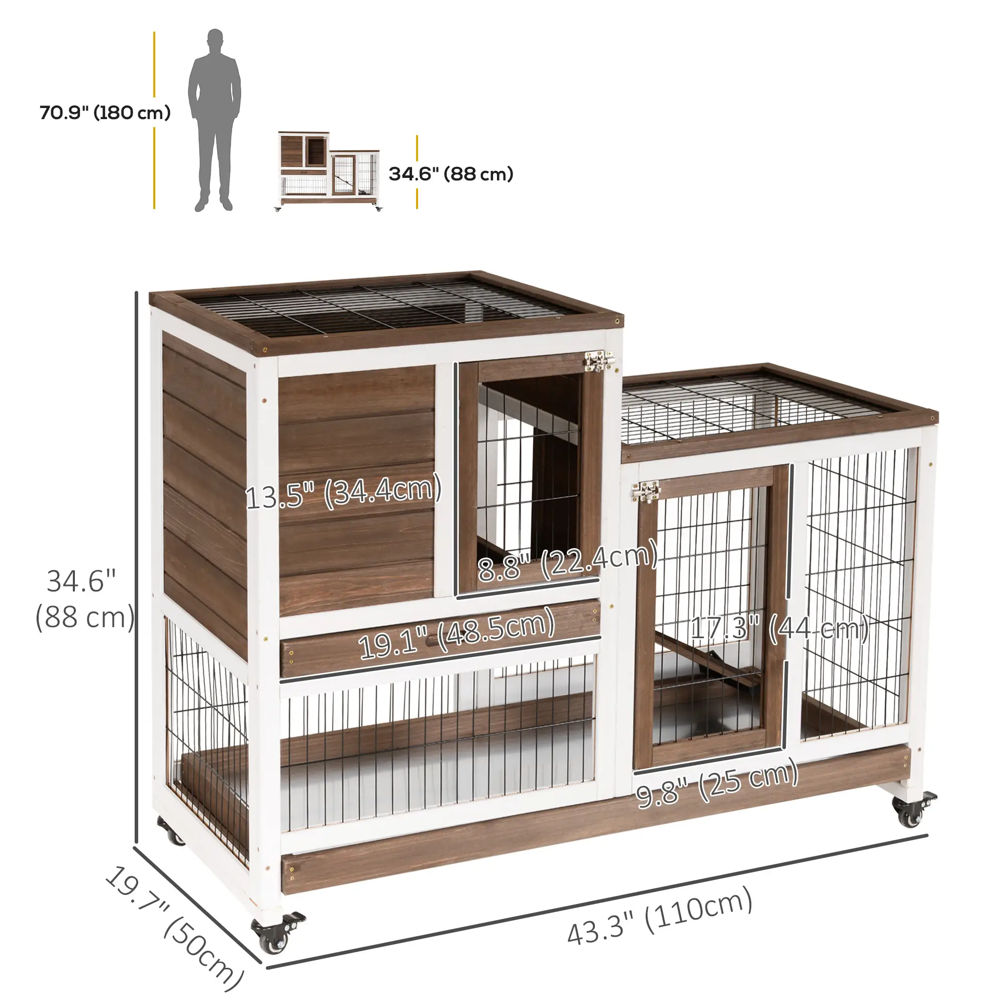 Wooden Rabbit Hutch, Indoor Bunny Cage with Wheels, Pull Out Trays, Brown - Image 3