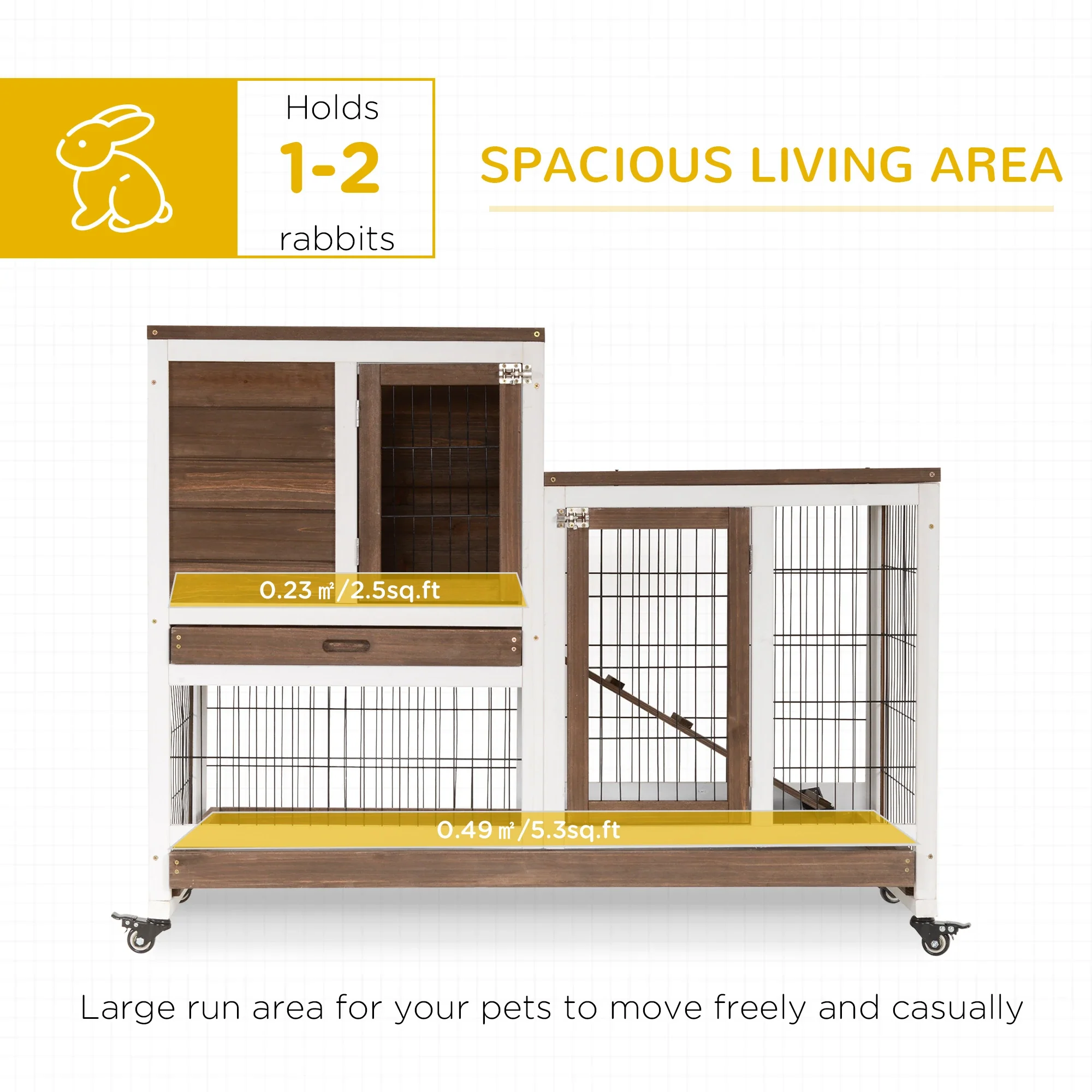 Wooden Rabbit Hutch, Indoor Bunny Cage with Wheels, Pull Out Trays, Brown - Image 4