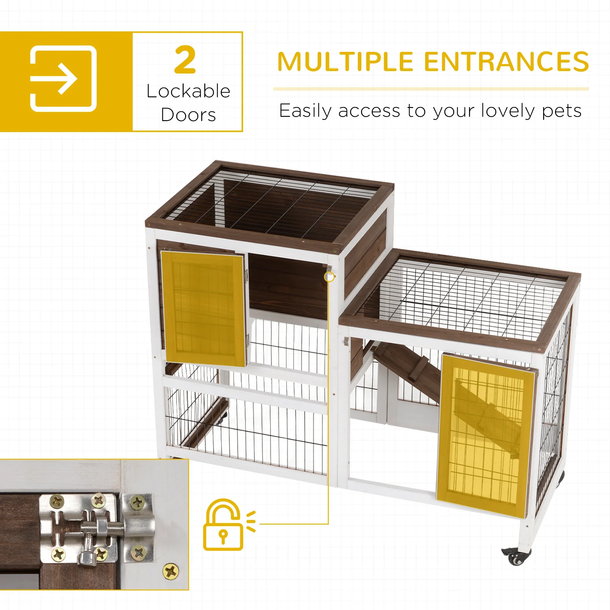 Wooden Rabbit Hutch, Indoor Bunny Cage with Wheels, Pull Out Trays, Brown - Image 5