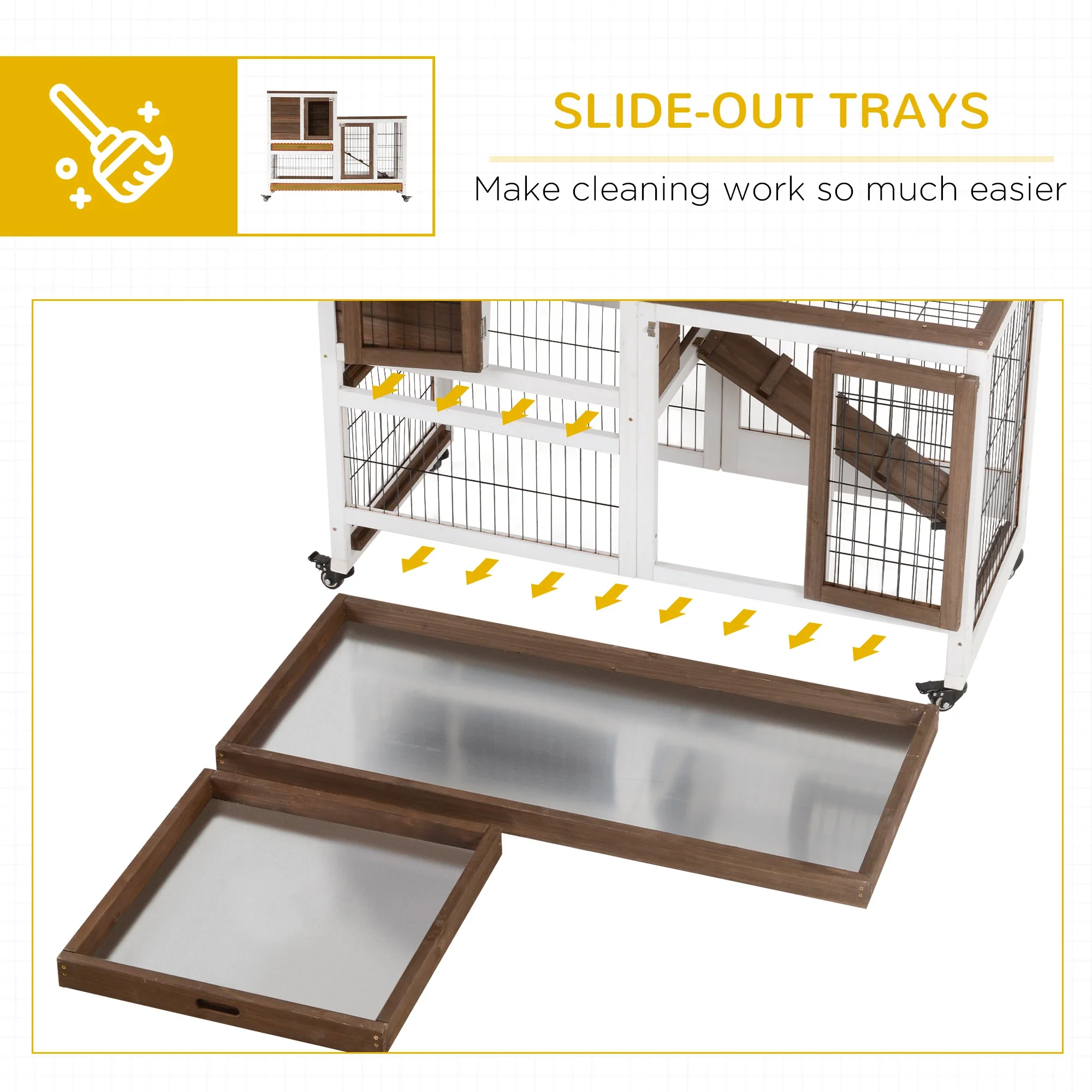 Wooden Rabbit Hutch, Indoor Bunny Cage with Wheels, Pull Out Trays, Brown - Image 6