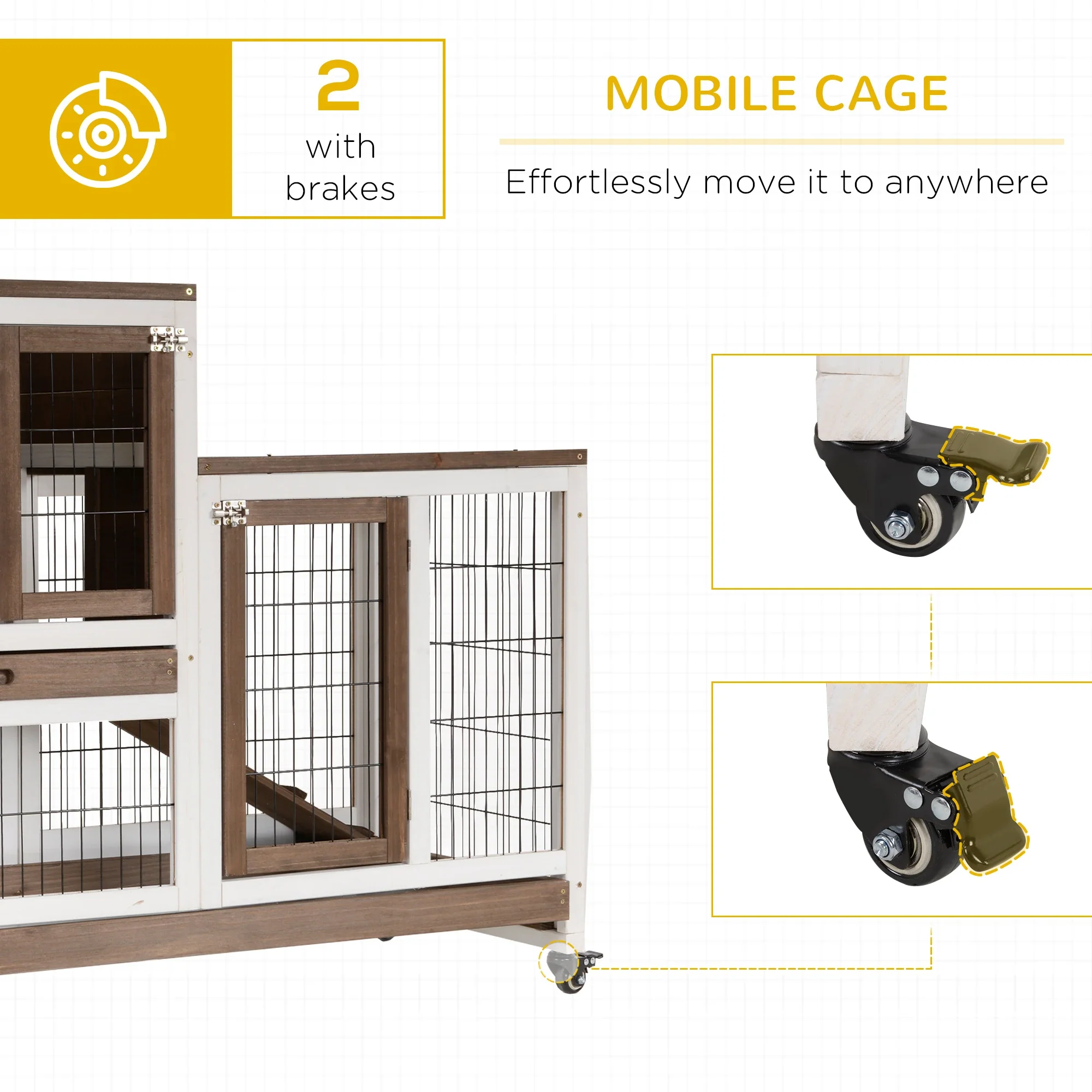 Wooden Rabbit Hutch, Indoor Bunny Cage with Wheels, Pull Out Trays, Brown - Image 7