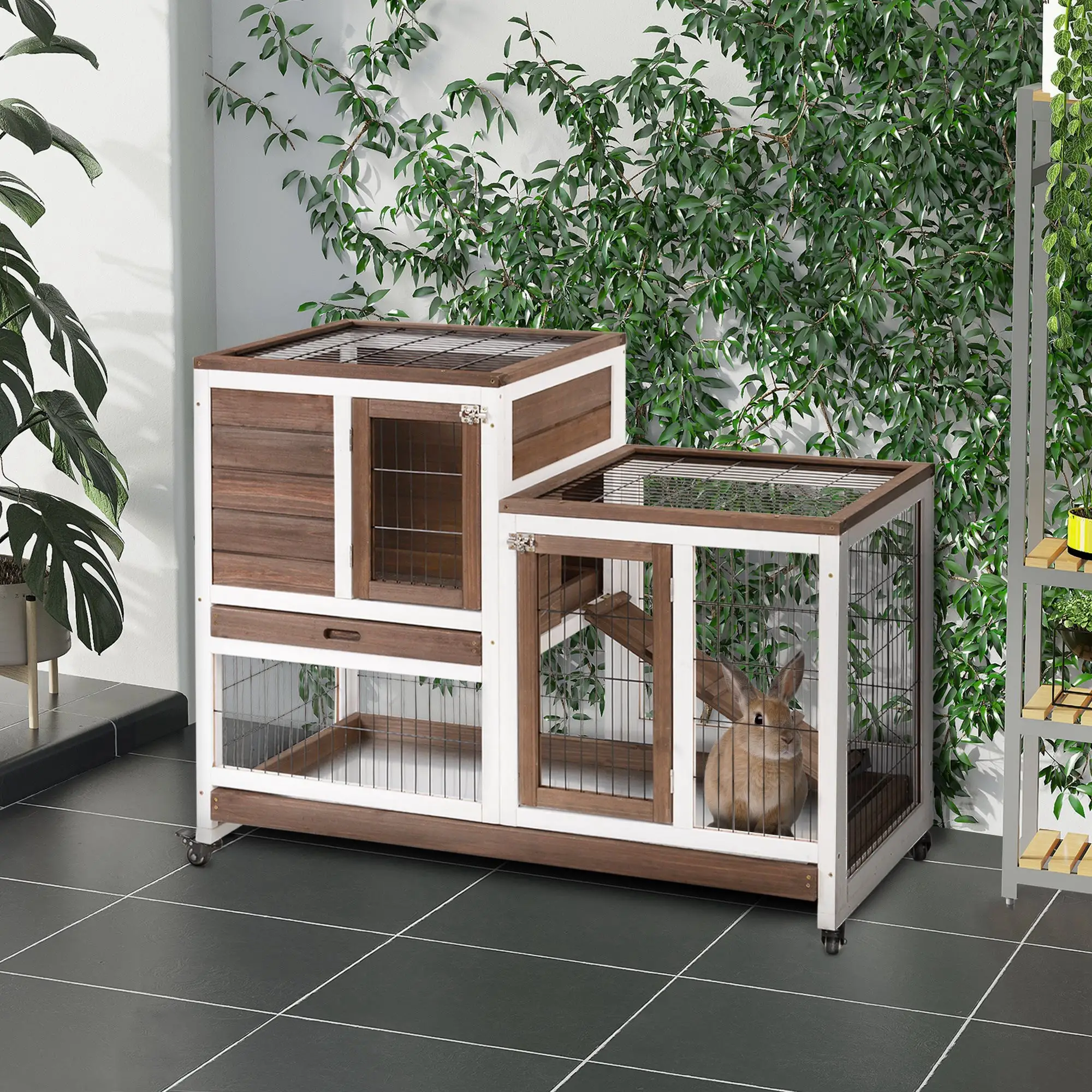 Wooden Rabbit Hutch, Indoor Bunny Cage with Wheels, Pull Out Trays, Brown - Image 8
