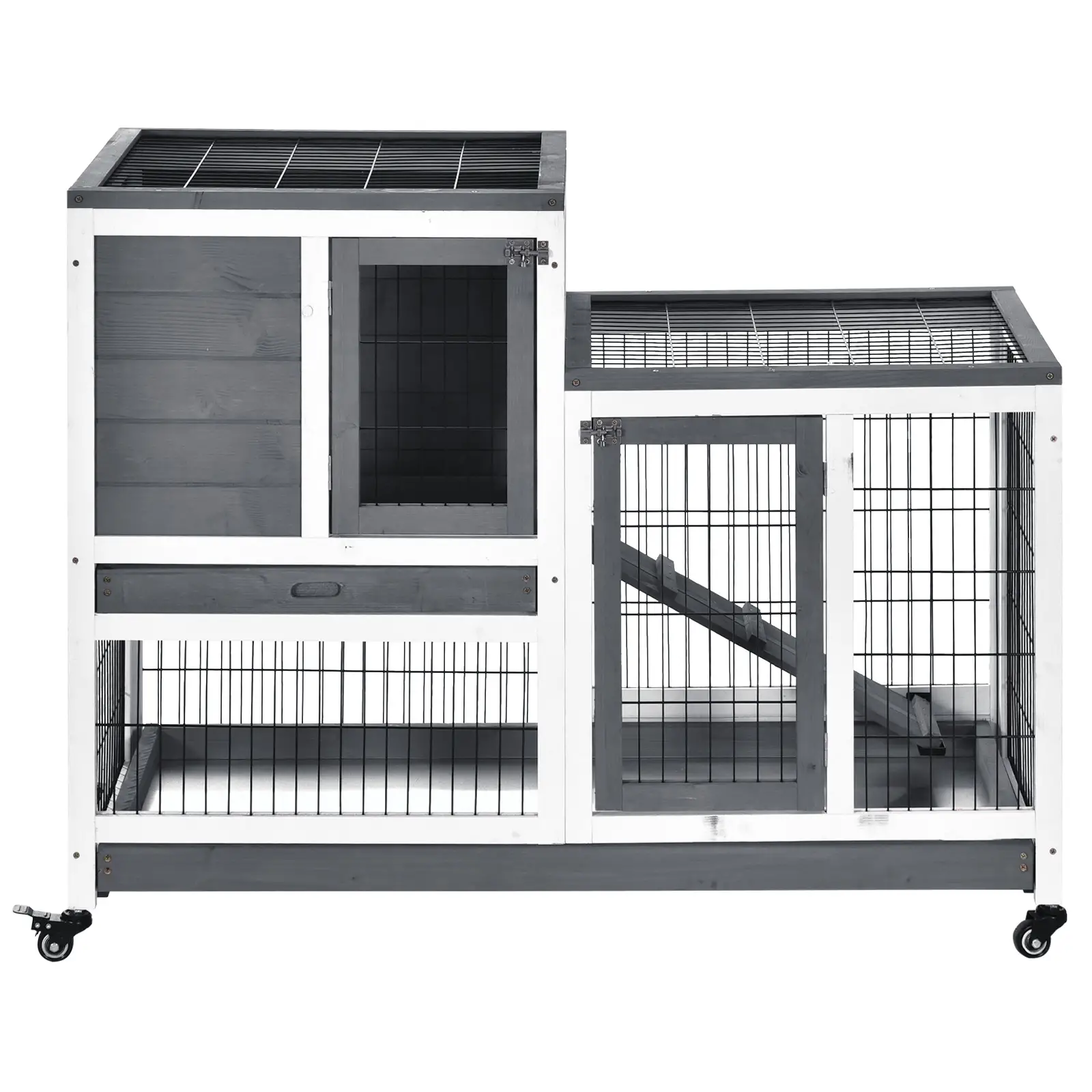 Wooden Rabbit Hutch, Indoor Bunny Cage with Wheels, Pull Out Trays, Run, Grey - Image 10