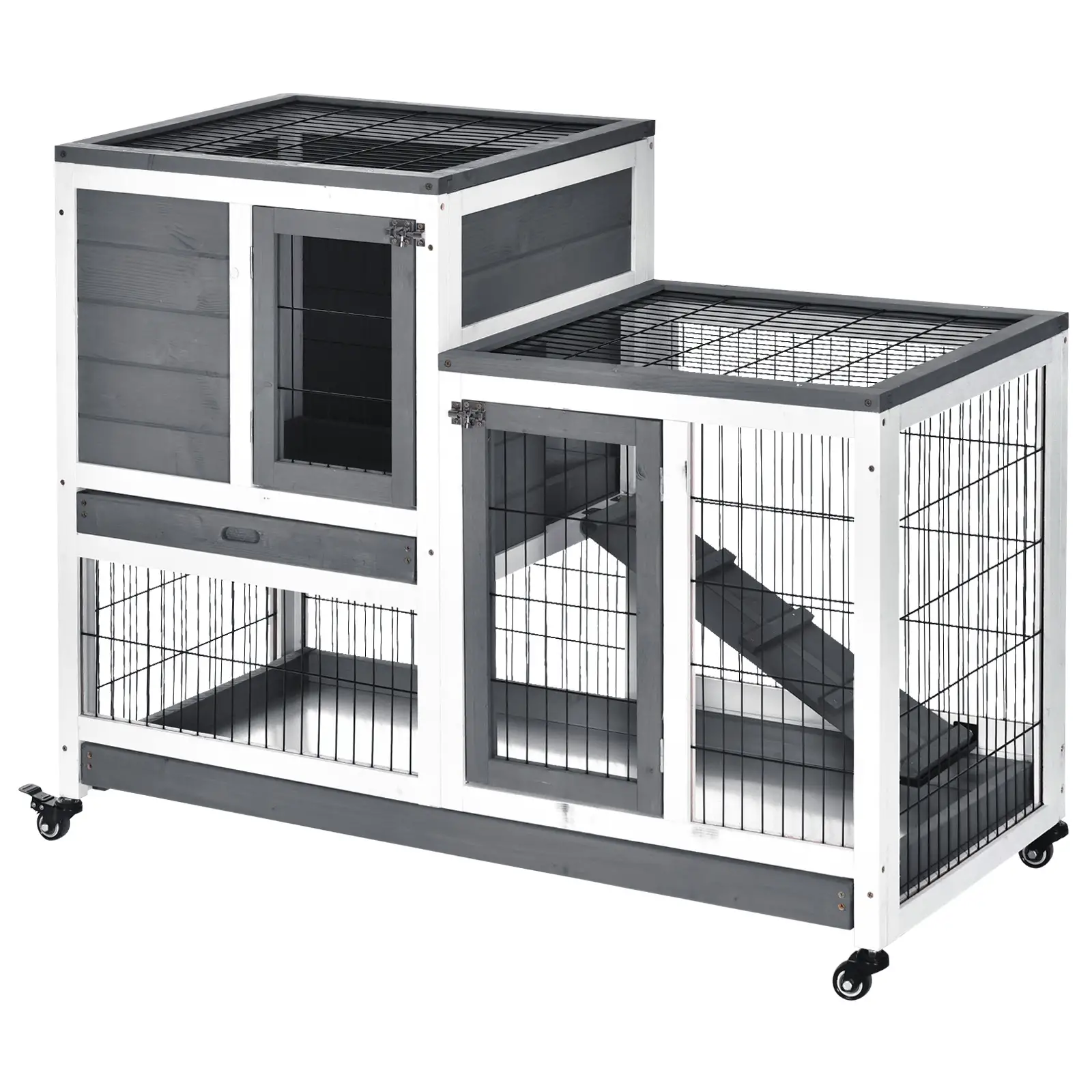 Wooden Rabbit Hutch, Indoor Bunny Cage with Wheels, Pull Out Trays, Run, Grey - Image 11