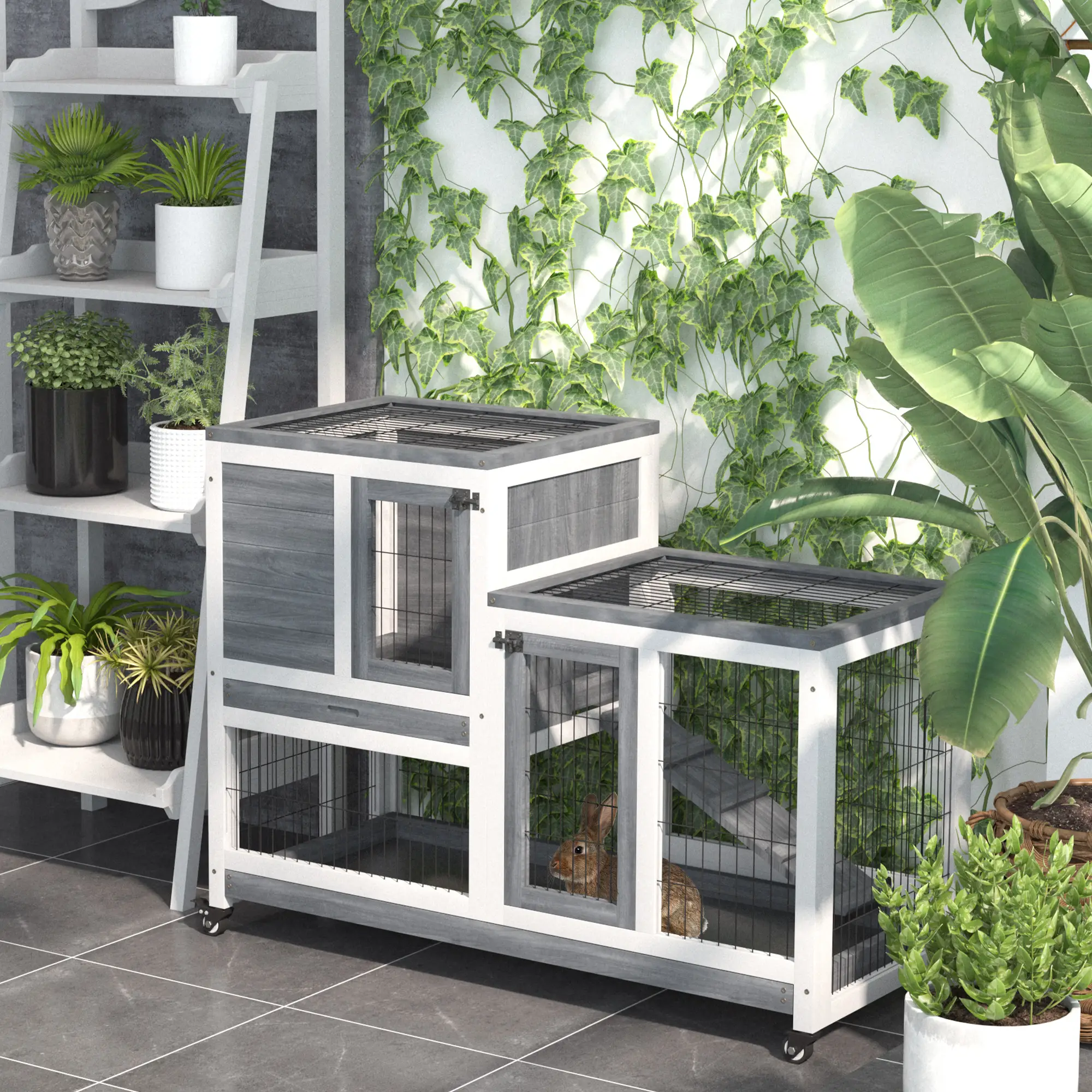 Wooden Rabbit Hutch, Indoor Bunny Cage with Wheels, Pull Out Trays, Run, Grey - Image 2