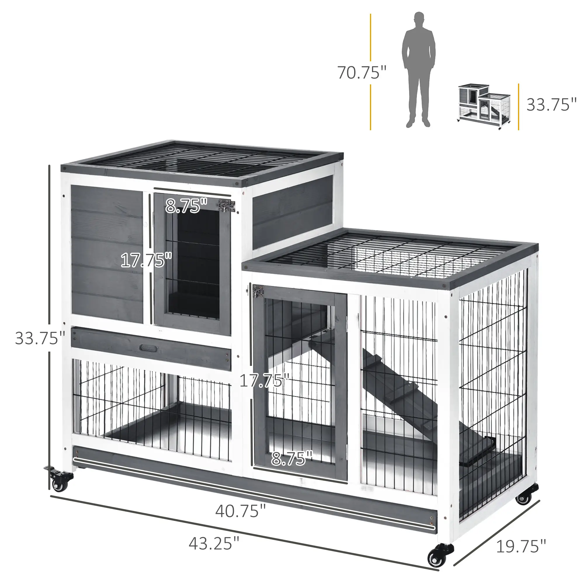 Wooden Rabbit Hutch, Indoor Bunny Cage with Wheels, Pull Out Trays, Run, Grey - Image 3