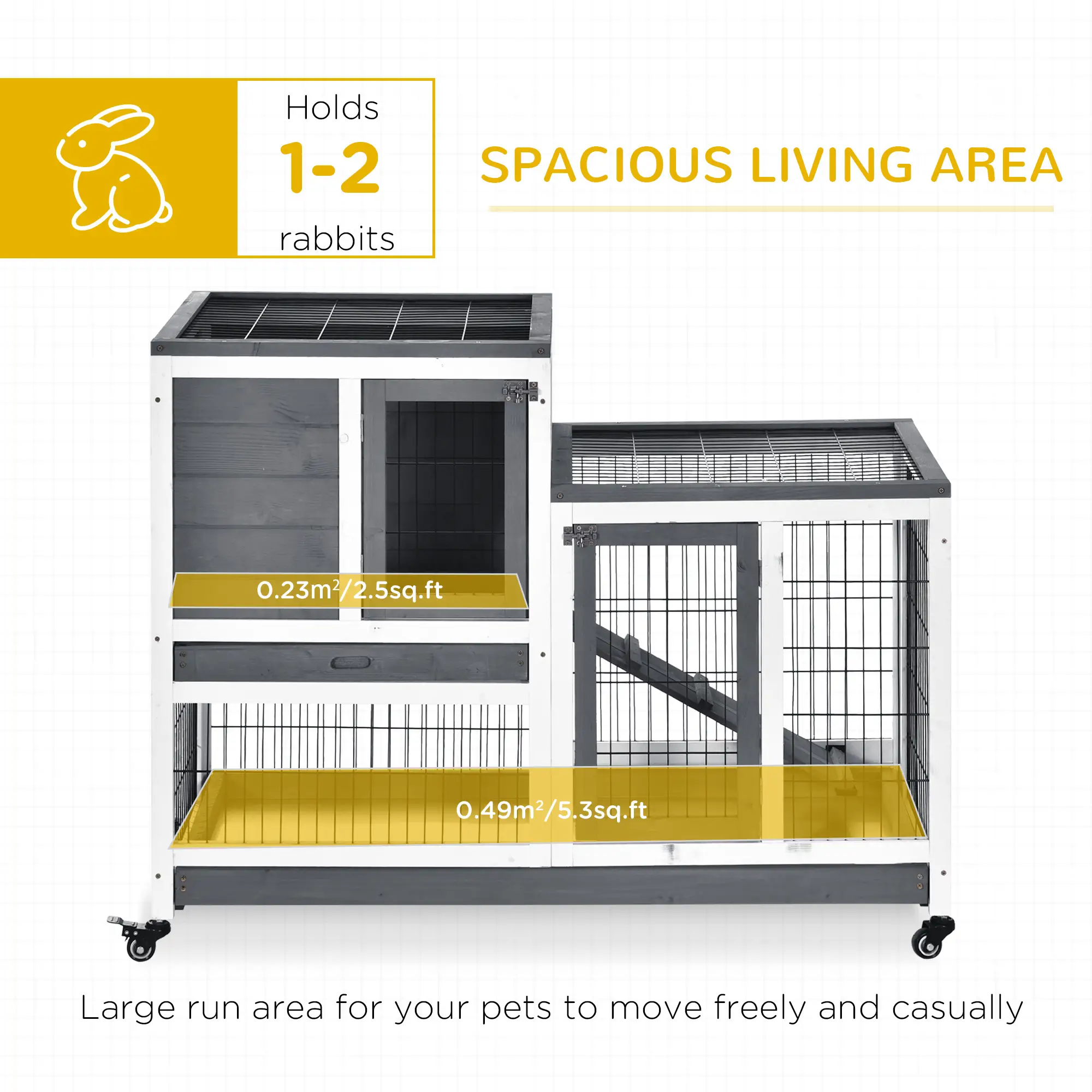 Wooden Rabbit Hutch, Indoor Bunny Cage with Wheels, Pull Out Trays, Run, Grey - Image 4