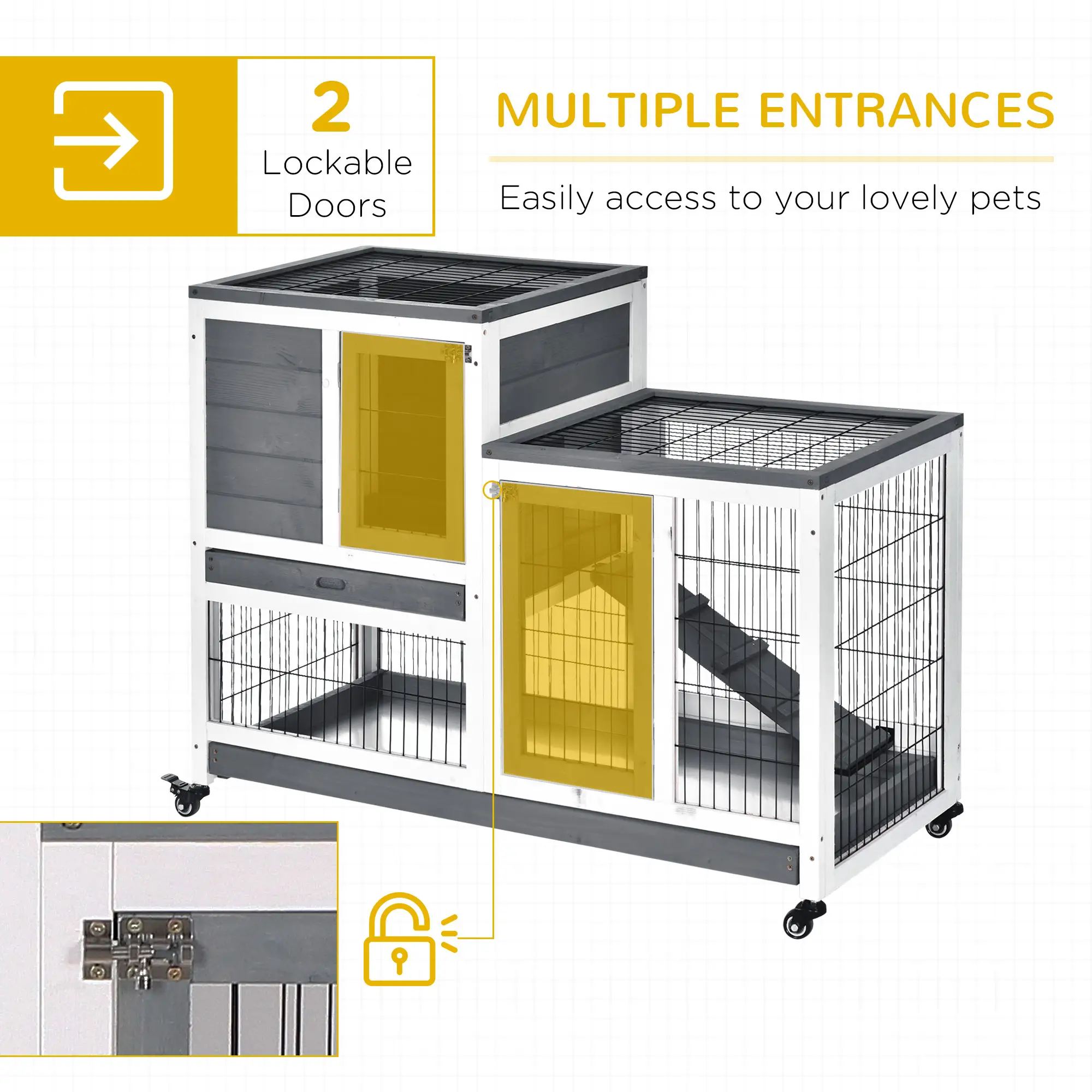 Wooden Rabbit Hutch, Indoor Bunny Cage with Wheels, Pull Out Trays, Run, Grey - Image 5