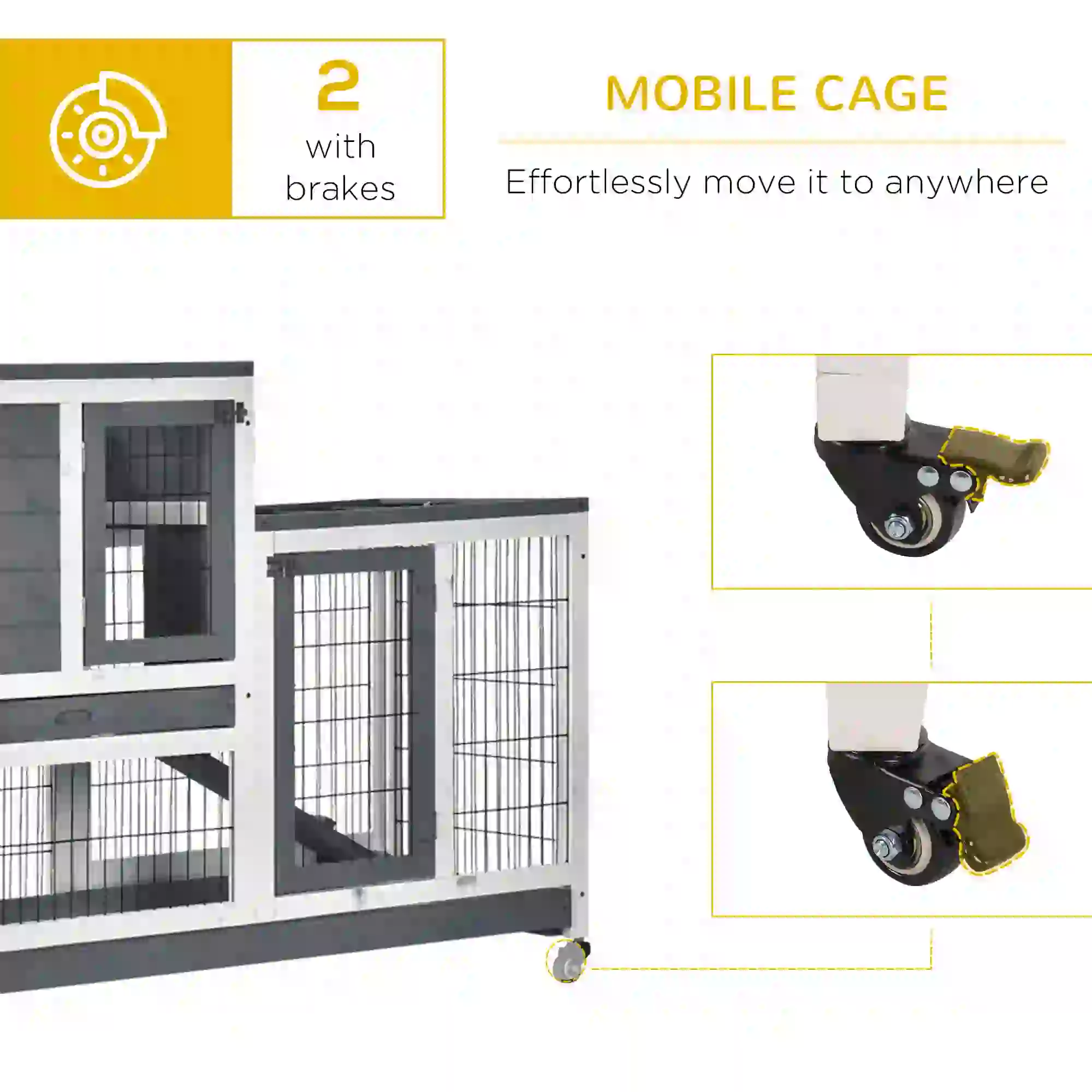 Wooden Rabbit Hutch, Indoor Bunny Cage with Wheels, Pull Out Trays, Run, Grey - Image 7