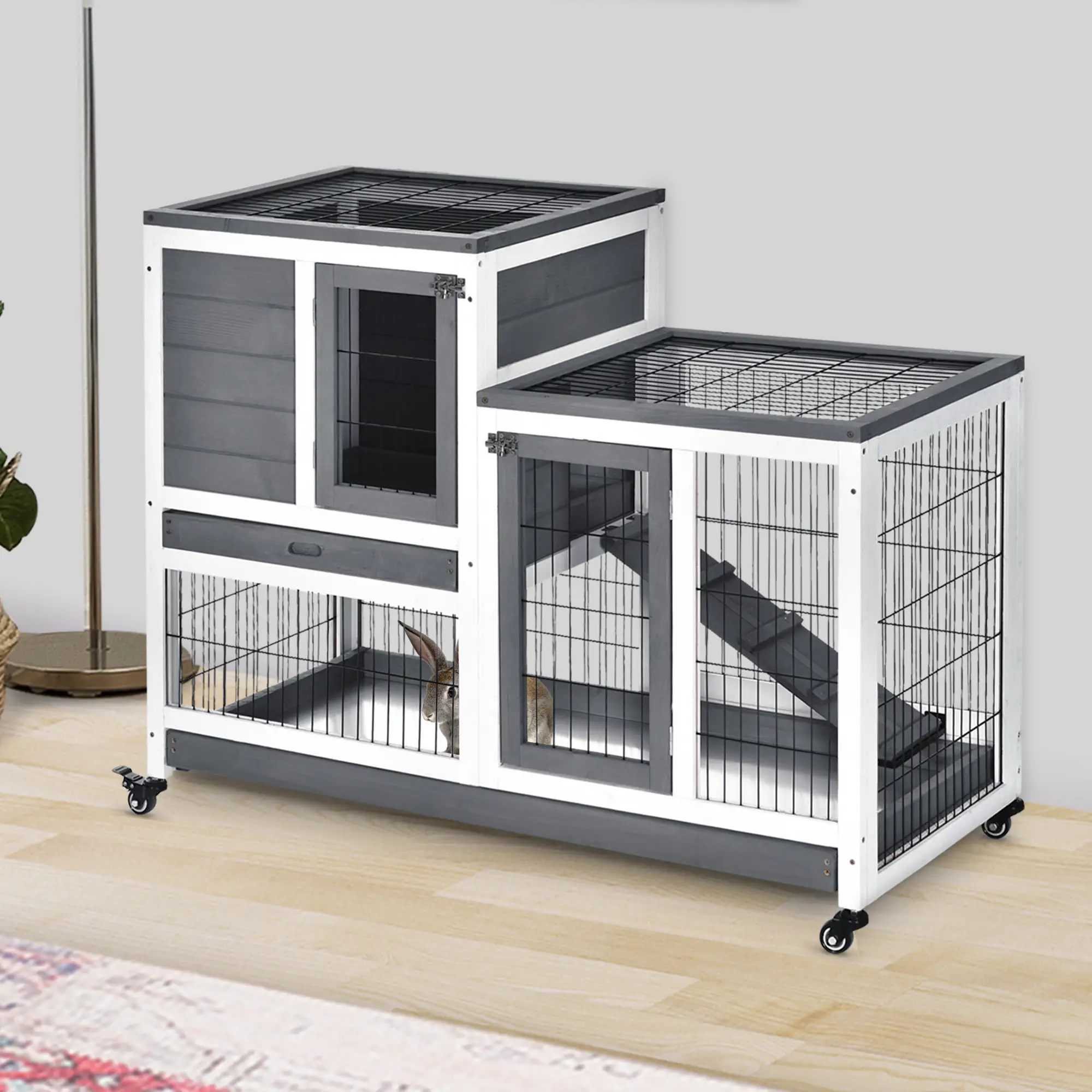 Wooden Rabbit Hutch, Indoor Bunny Cage with Wheels, Pull Out Trays, Run, Grey - Image 8