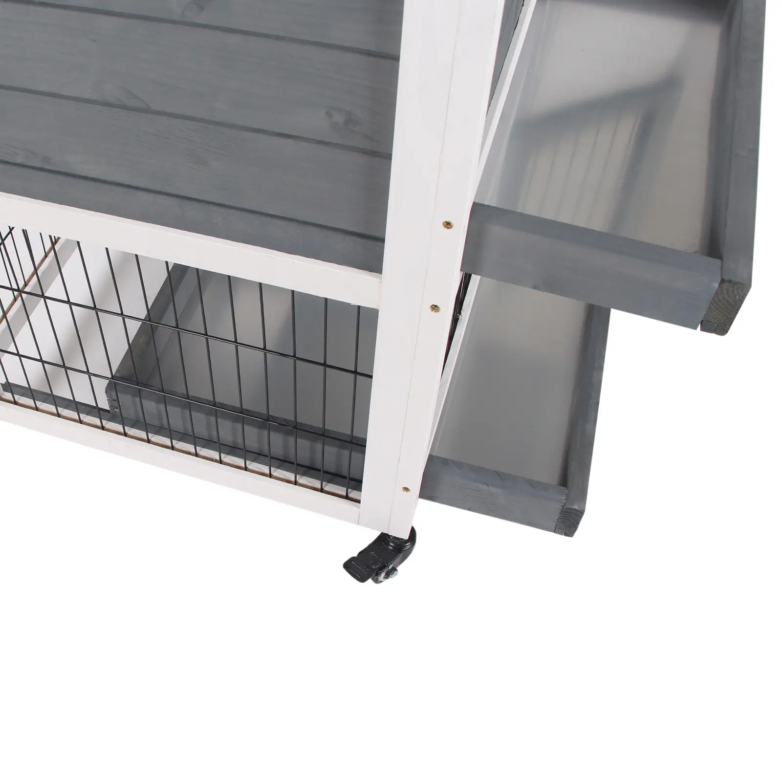 Wooden Rabbit Hutch, Indoor Bunny Cage with Wheels, Pull Out Trays, Run, Grey - Image 9
