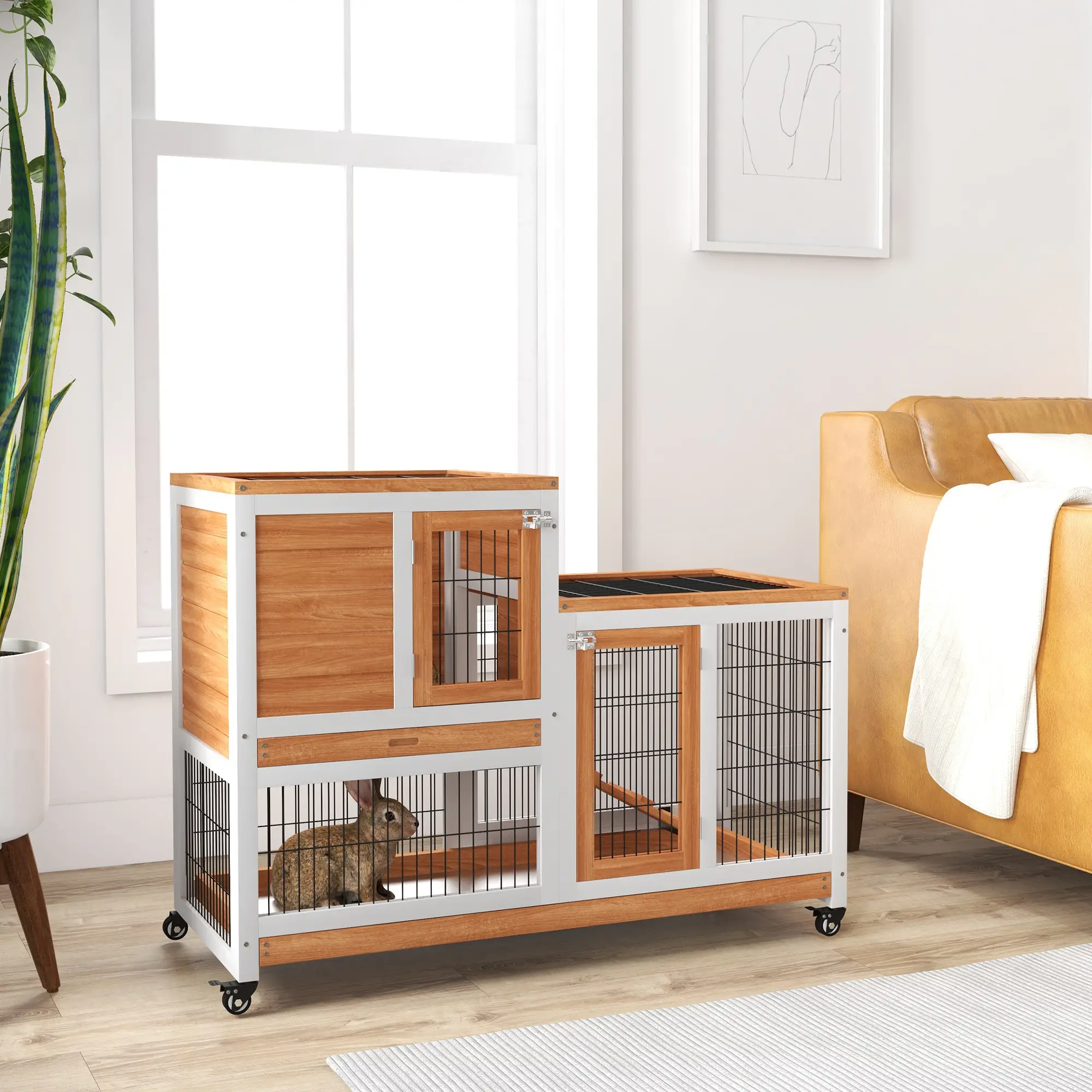 Wooden Rabbit Hutch, Indoor Bunny Cage with Wheels, Pull Out Trays, Yellow - Image 10