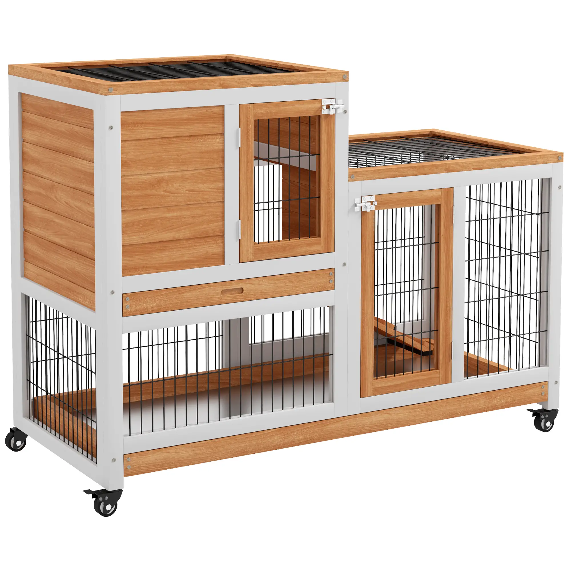 Wooden Rabbit Hutch, Indoor Bunny Cage with Wheels, Pull Out Trays, Yellow - Image 11