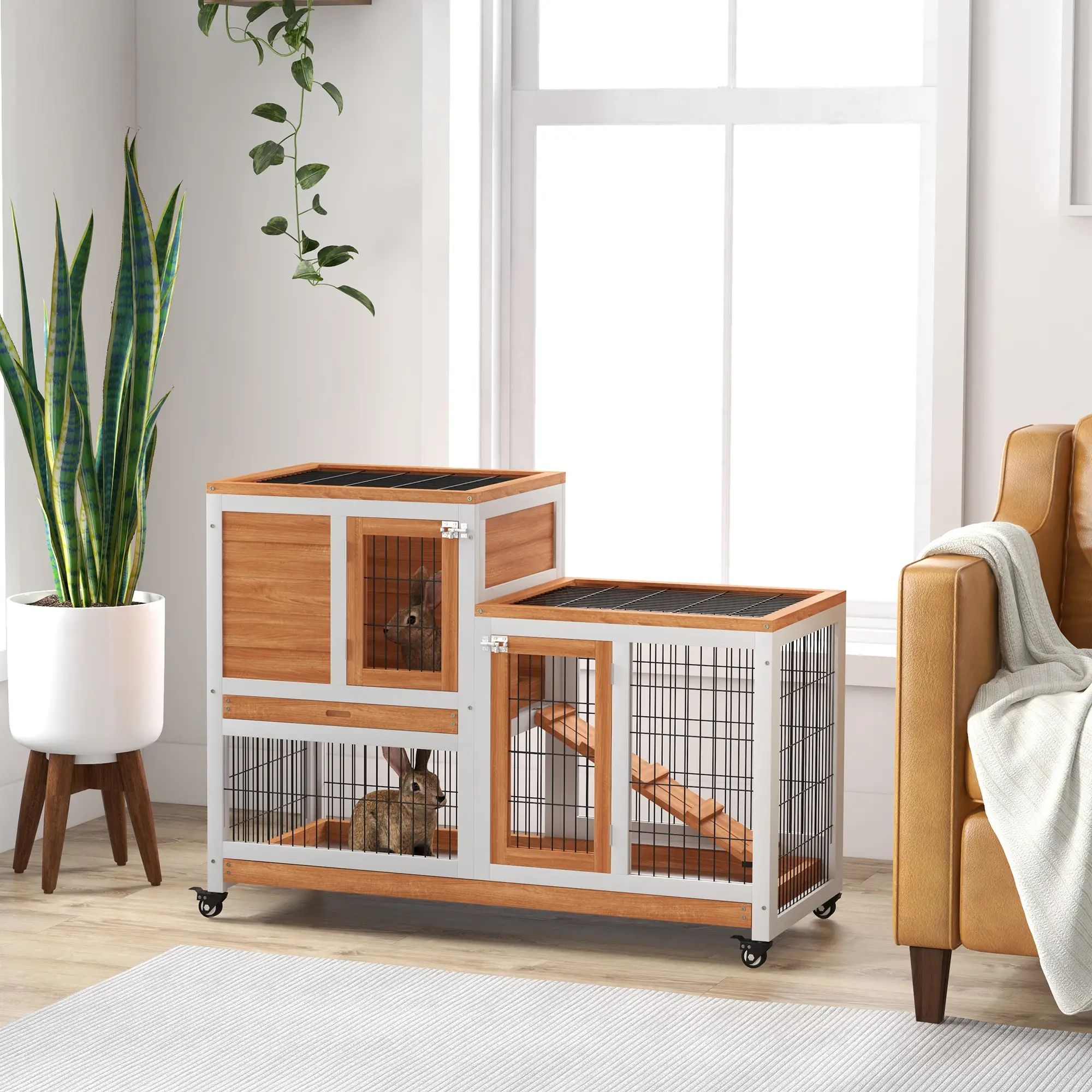 Wooden Rabbit Hutch, Indoor Bunny Cage with Wheels, Pull Out Trays, Yellow - Image 2