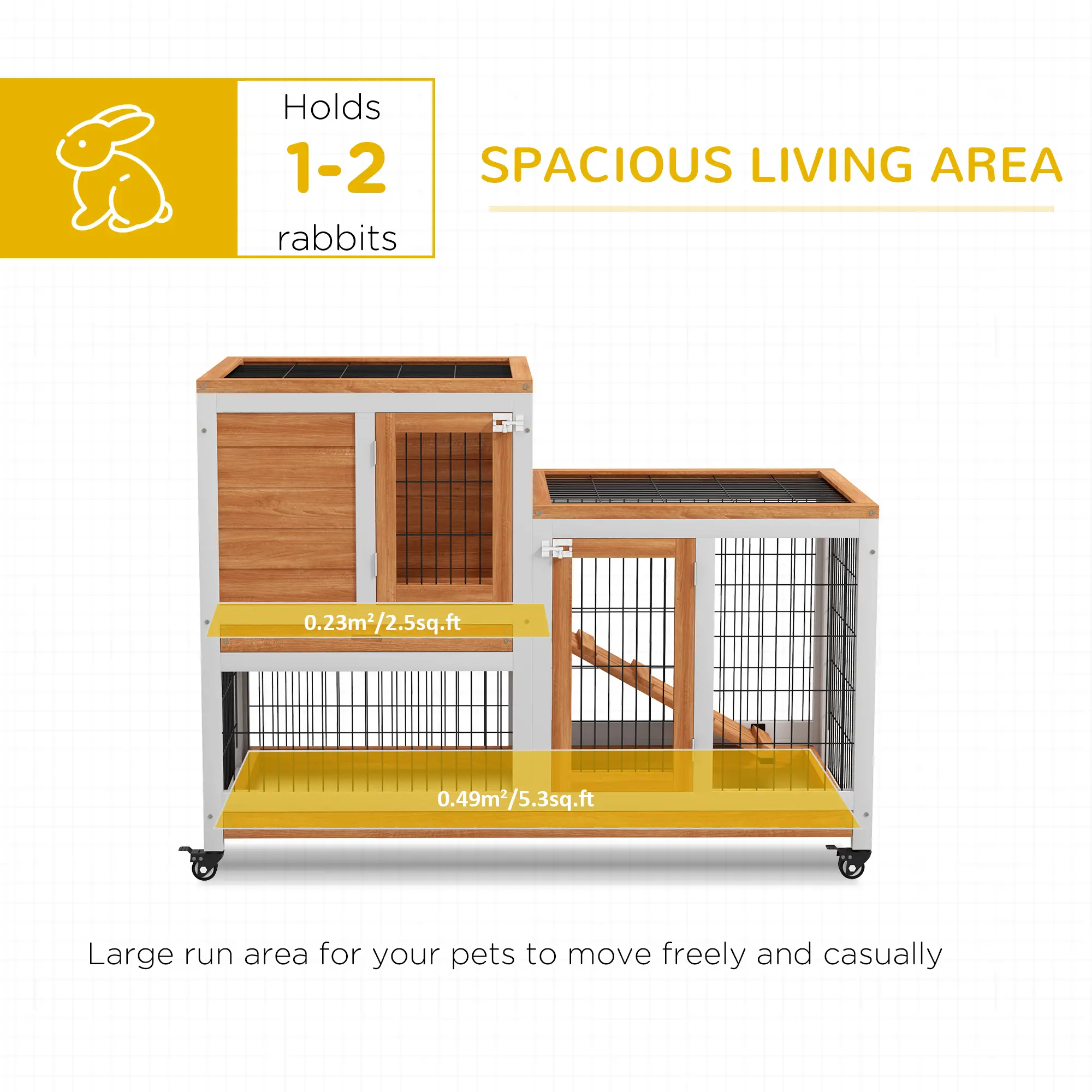 Wooden Rabbit Hutch, Indoor Bunny Cage with Wheels, Pull Out Trays, Yellow - Image 4