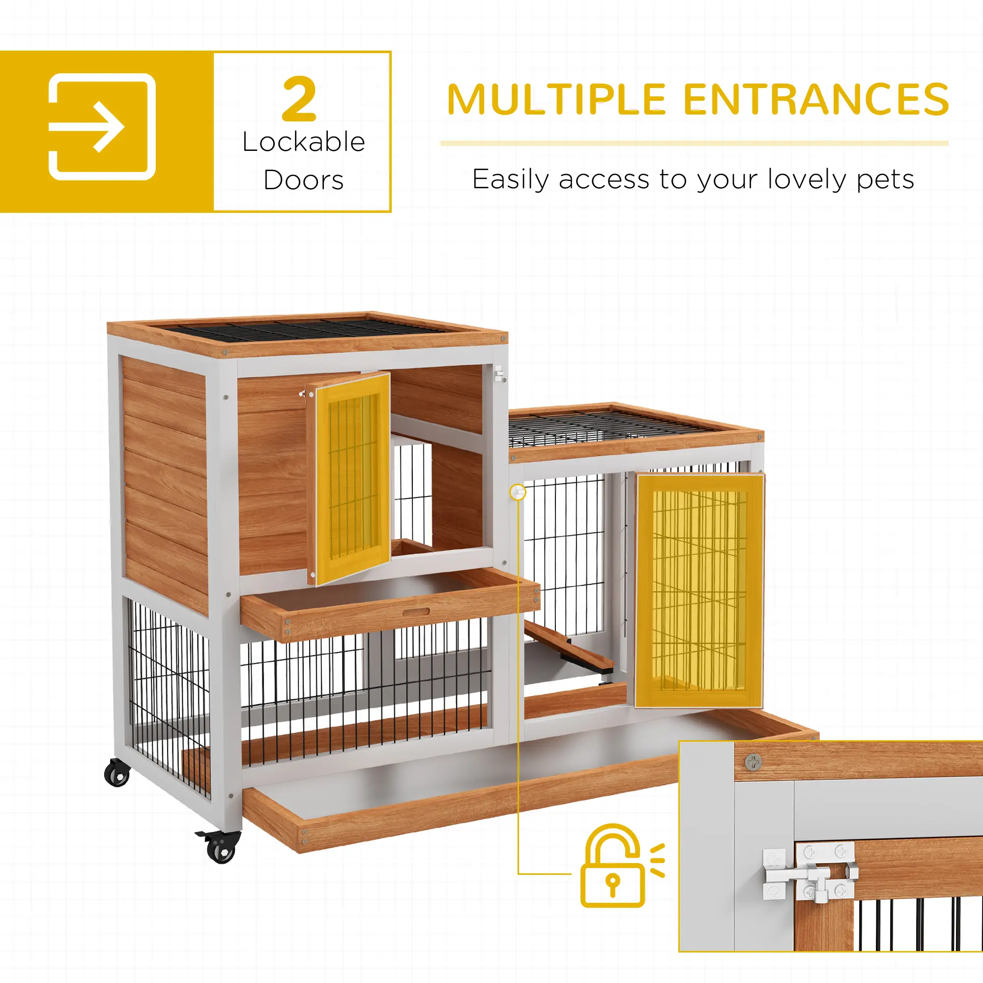 Wooden Rabbit Hutch, Indoor Bunny Cage with Wheels, Pull Out Trays, Yellow - Image 5