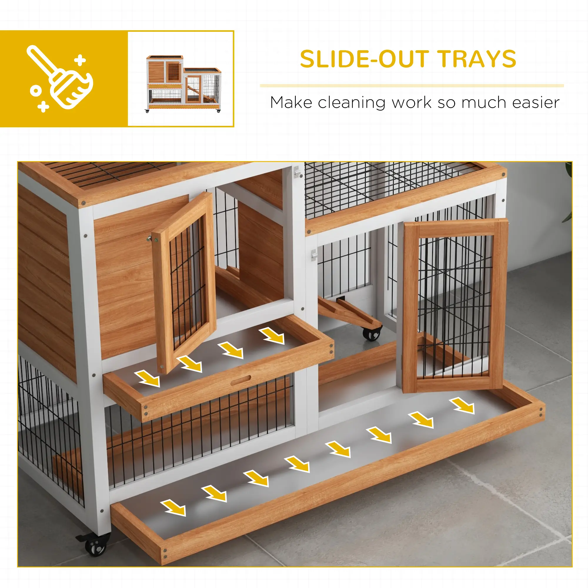 Wooden Rabbit Hutch, Indoor Bunny Cage with Wheels, Pull Out Trays, Yellow - Image 6