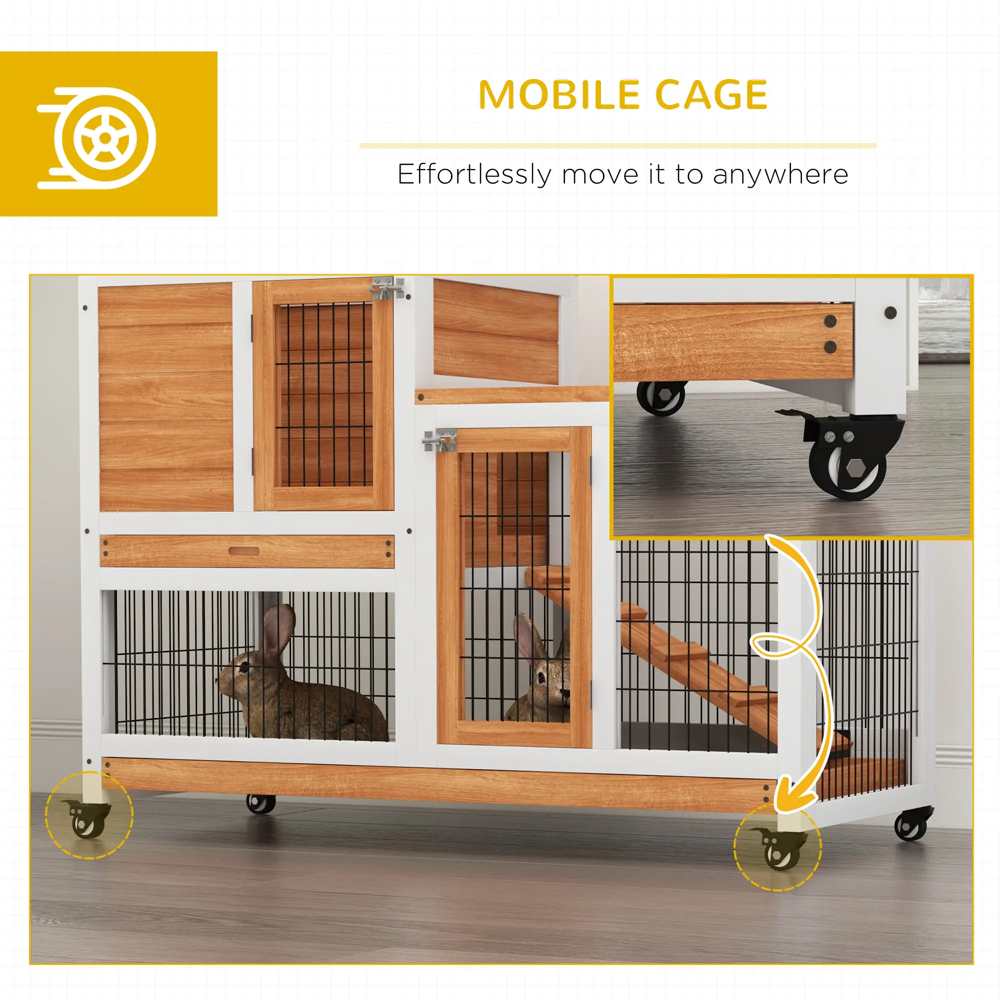 Wooden Rabbit Hutch, Indoor Bunny Cage with Wheels, Pull Out Trays, Yellow - Image 7