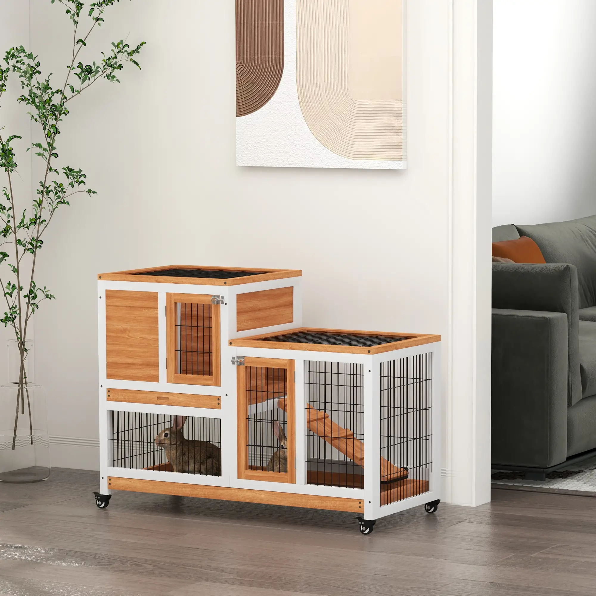 Wooden Rabbit Hutch, Indoor Bunny Cage with Wheels, Pull Out Trays, Yellow - Image 8